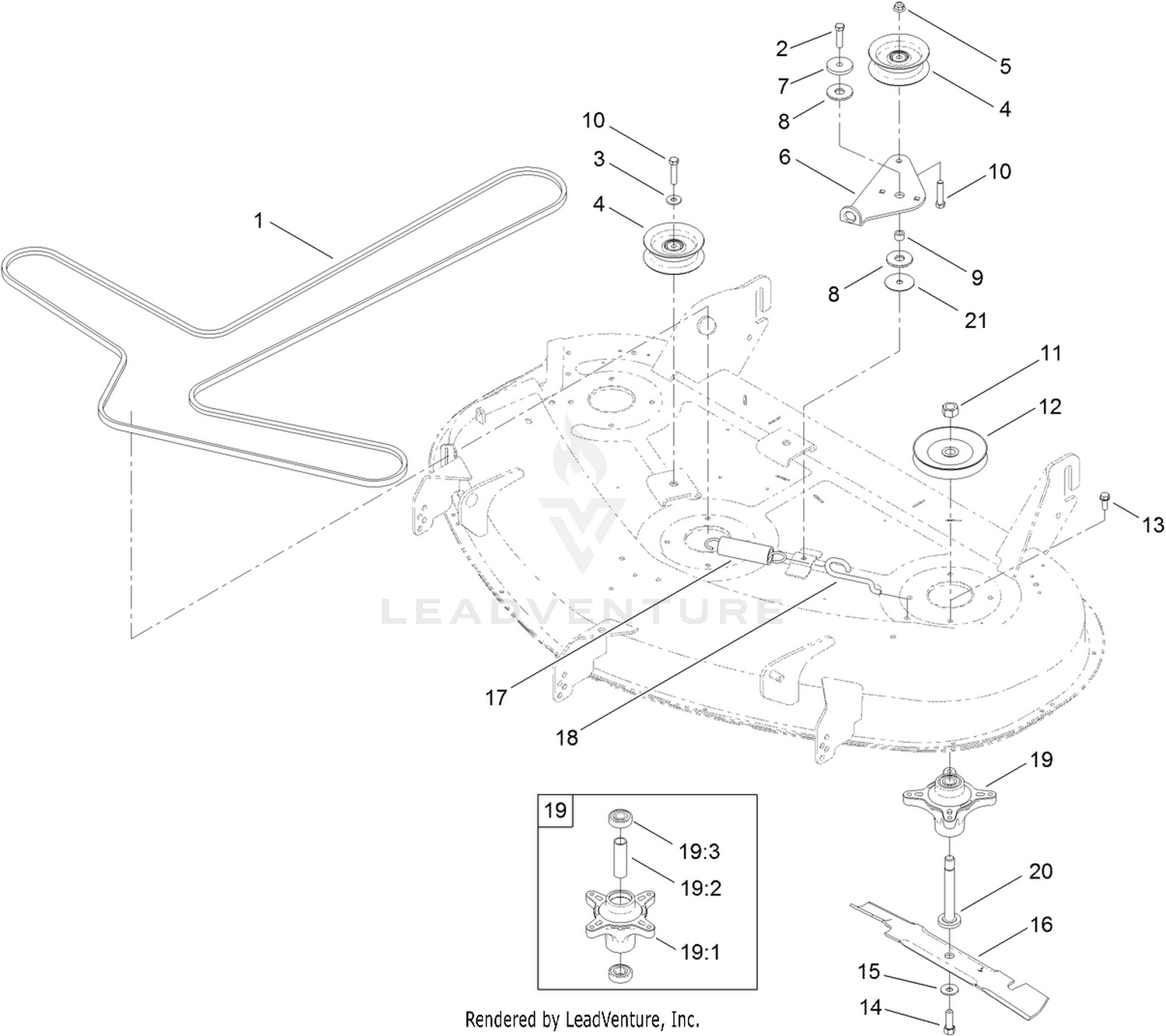 50 Inch Deck Belt, Spindle and Blade Assembly