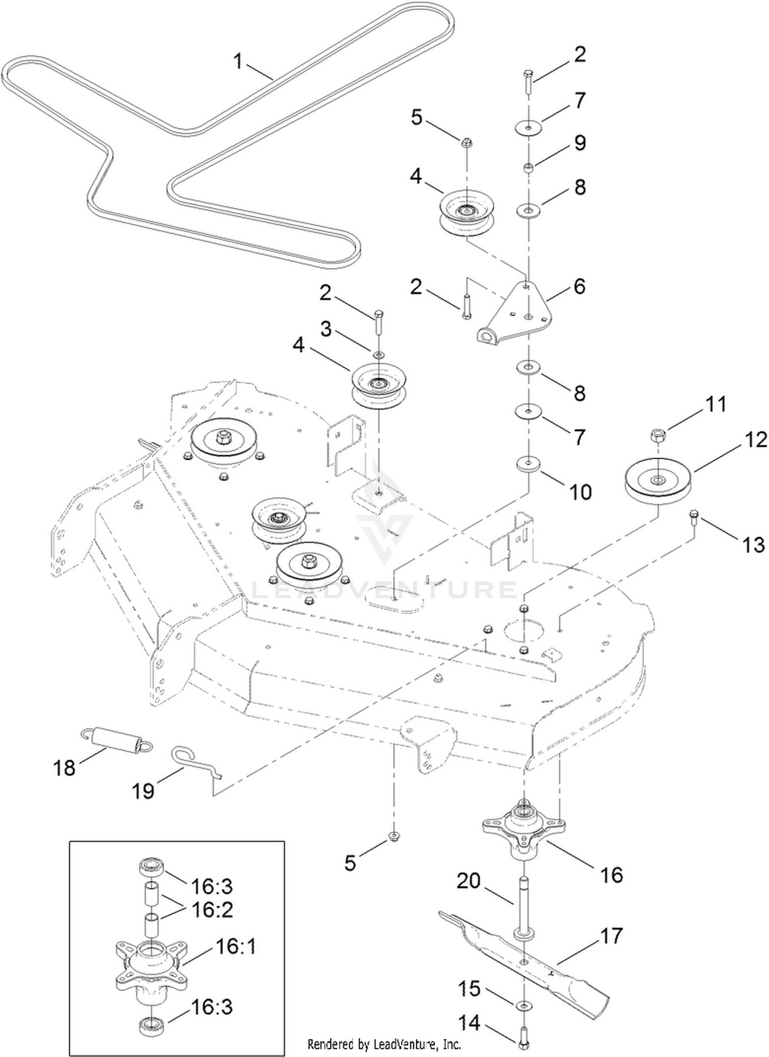 50 Inch Deck Belt, Spindle and Blade Assembly