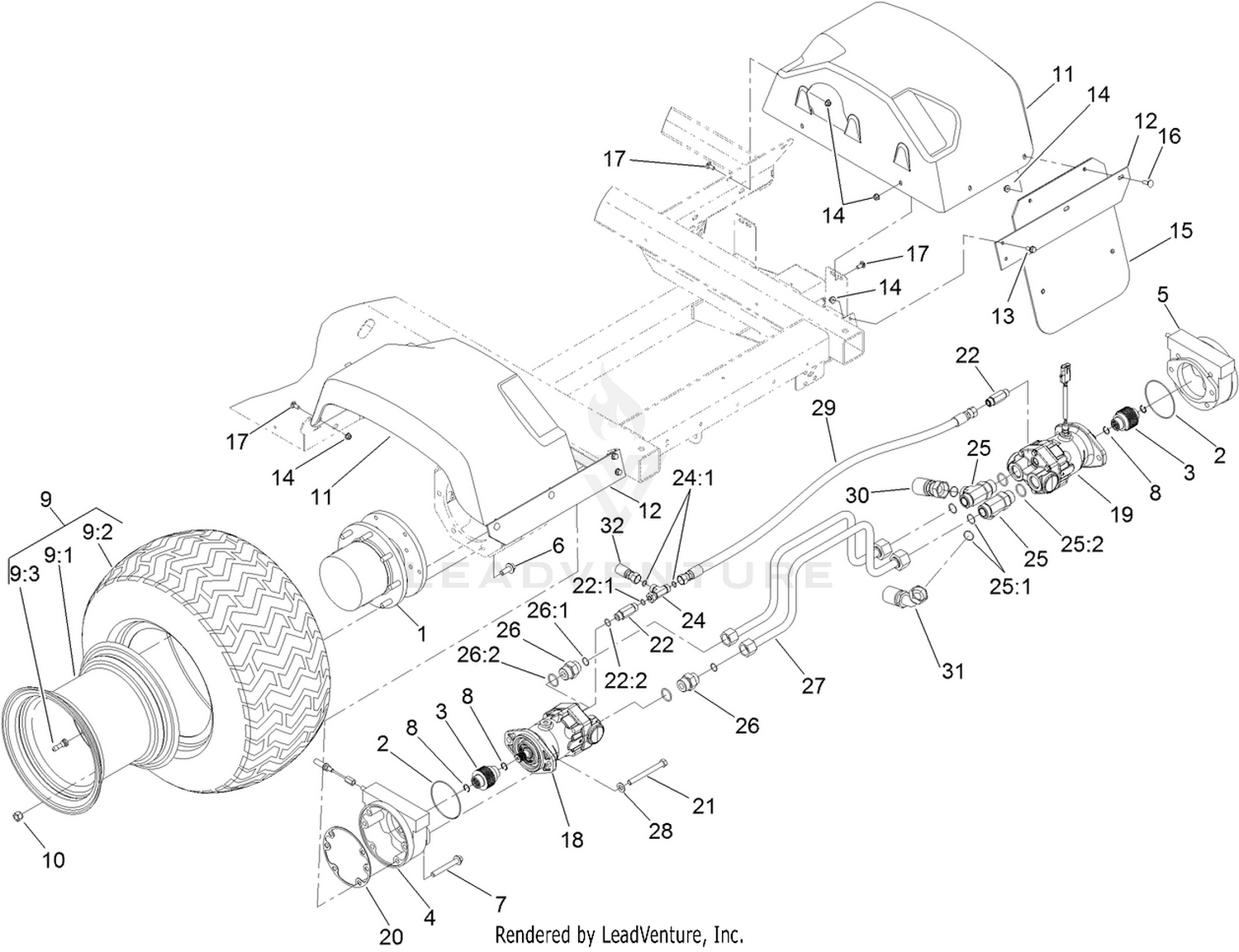 Rear Wheel, Fender and Motor Assembly