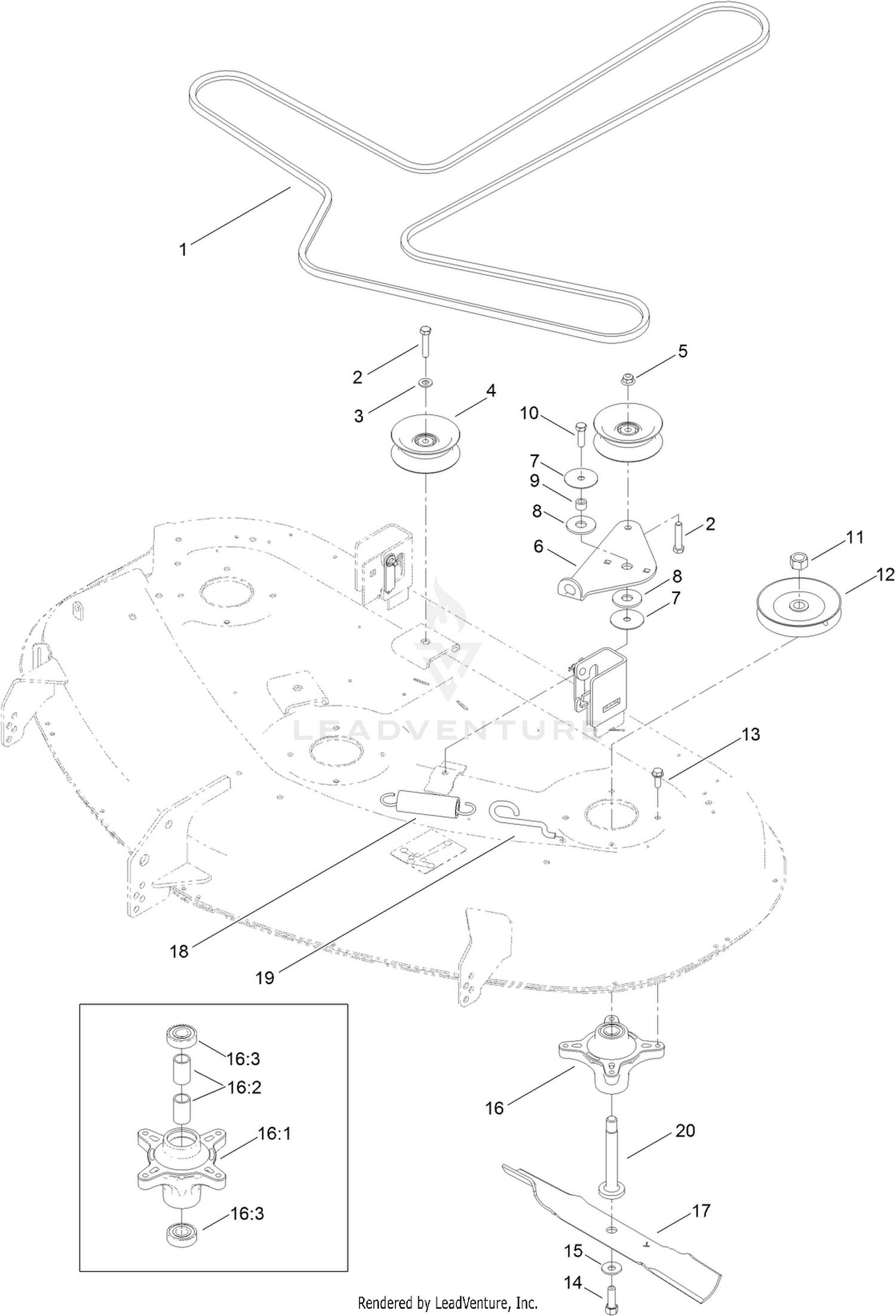 50 Inch Deck Belt, Spindle and Blade Assembly