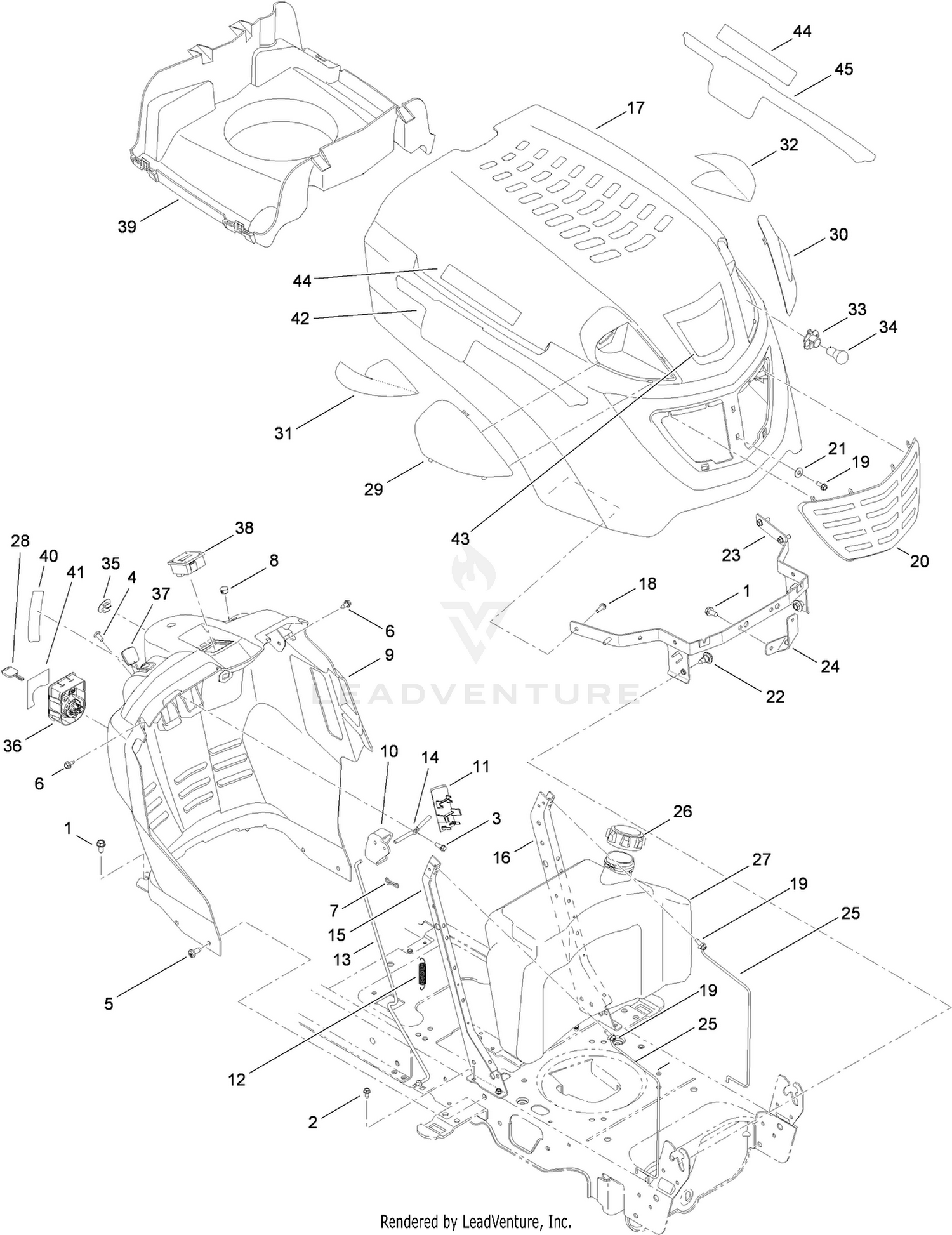 Fuel Tank, Hood and Dash Assembly