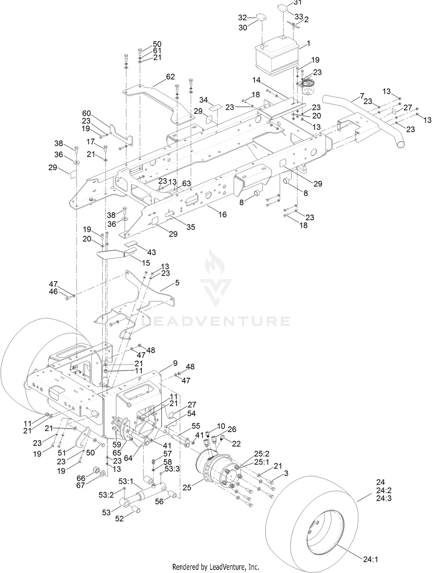 Main Frame, Chassis, Front Wheel  and Battery Assembly