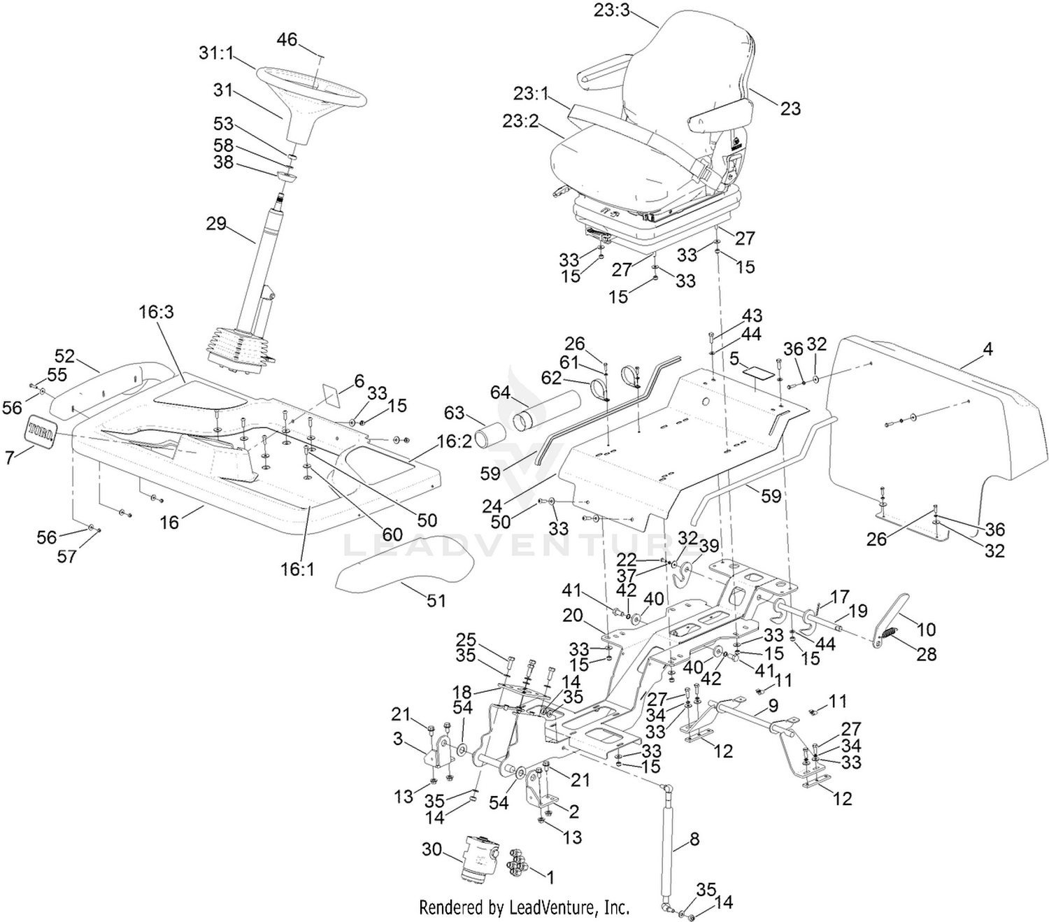 Steering Column, Seat and Platform Assembly