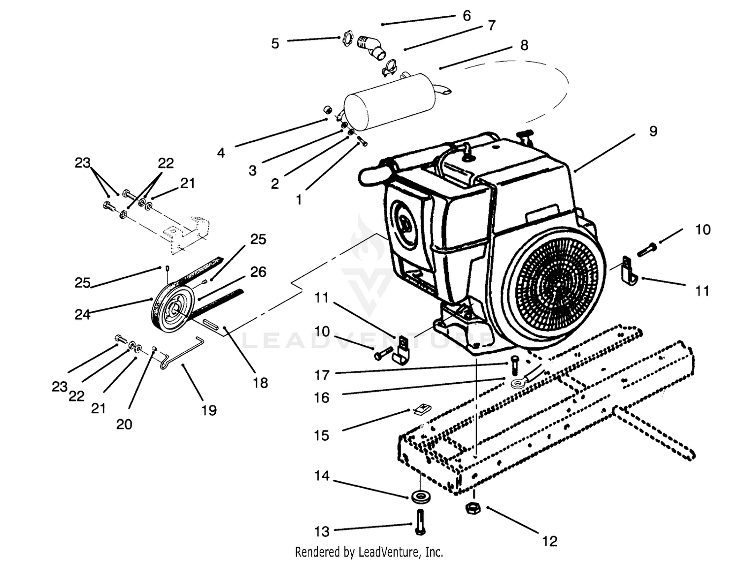 Engine, Muffler, Pulley  Drive Belt