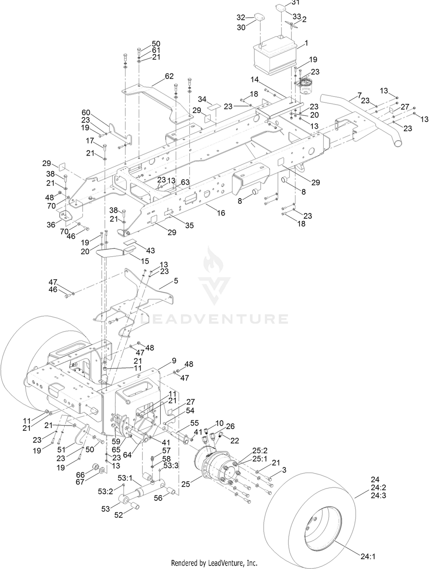 Main Frame, Chassis, Front Wheel and  Battery Assembly