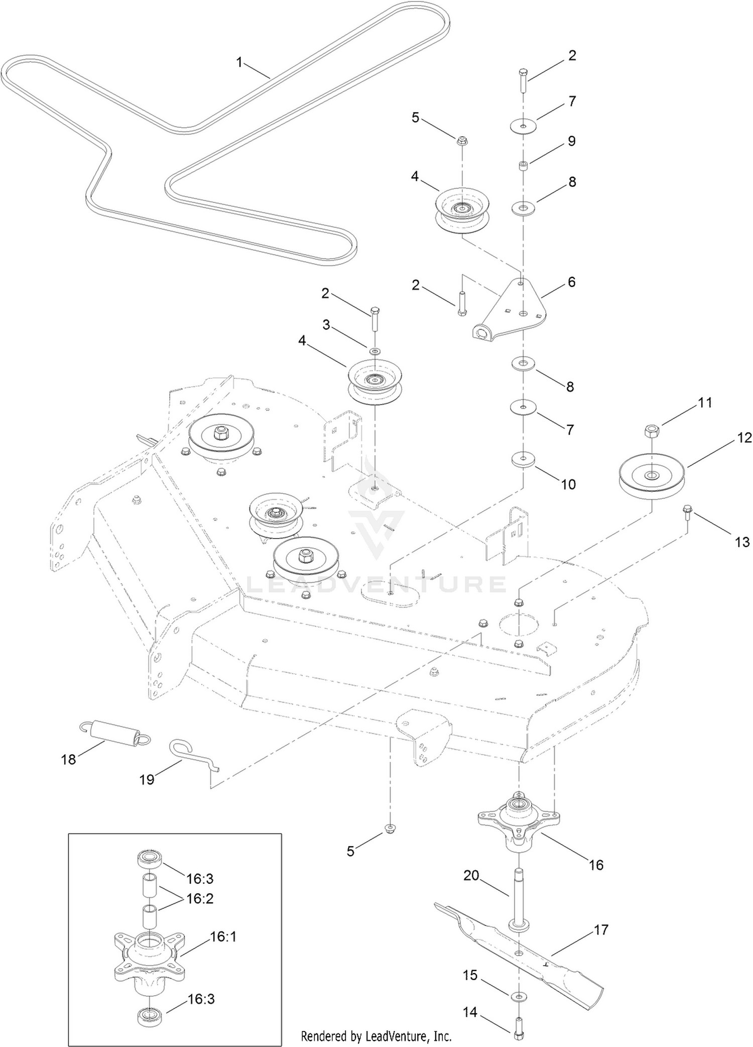 50 Inch Deck Belt, Spindle and Blade Assembly