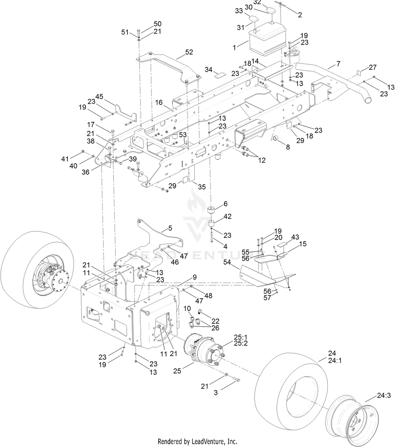 Main Frame, Front Wheel and Battery Assembly