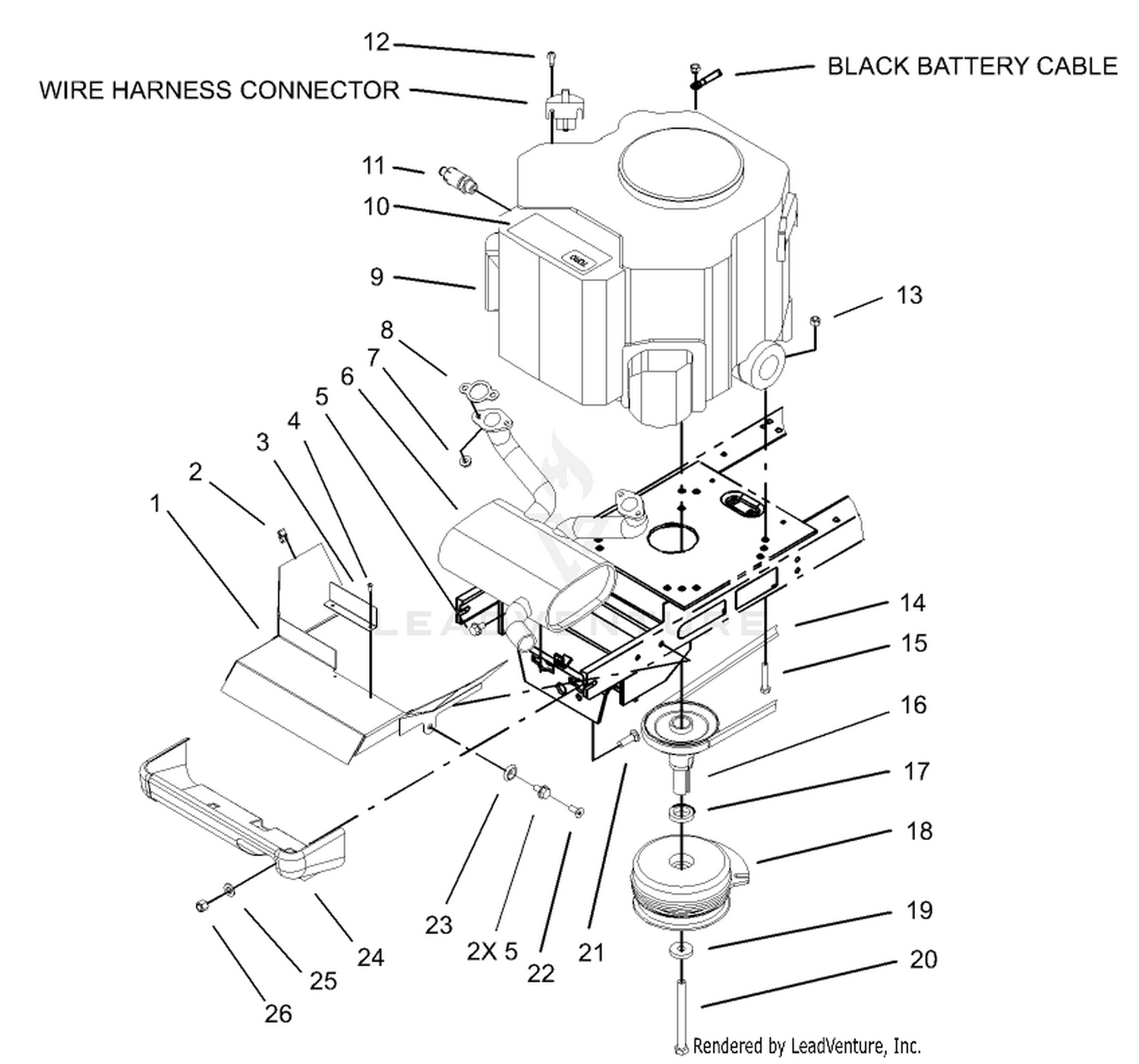 Twin Cylinder Engine, Muffler and PTO Assembly
