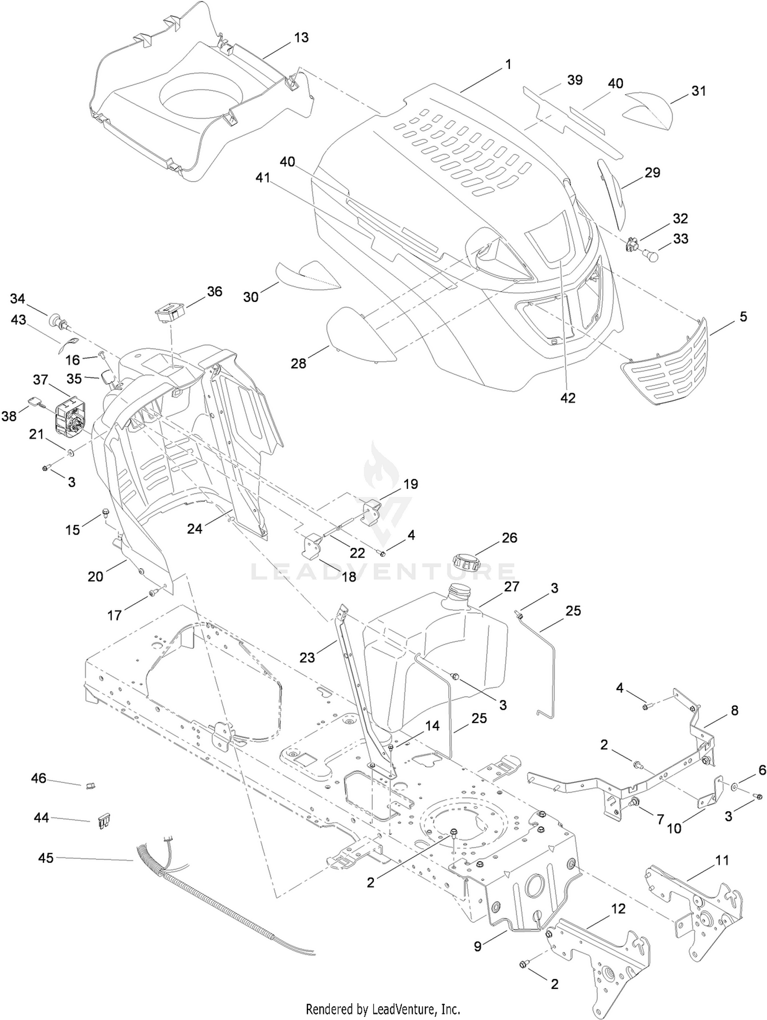 Fuel Tank, Hood and Dash Assembly