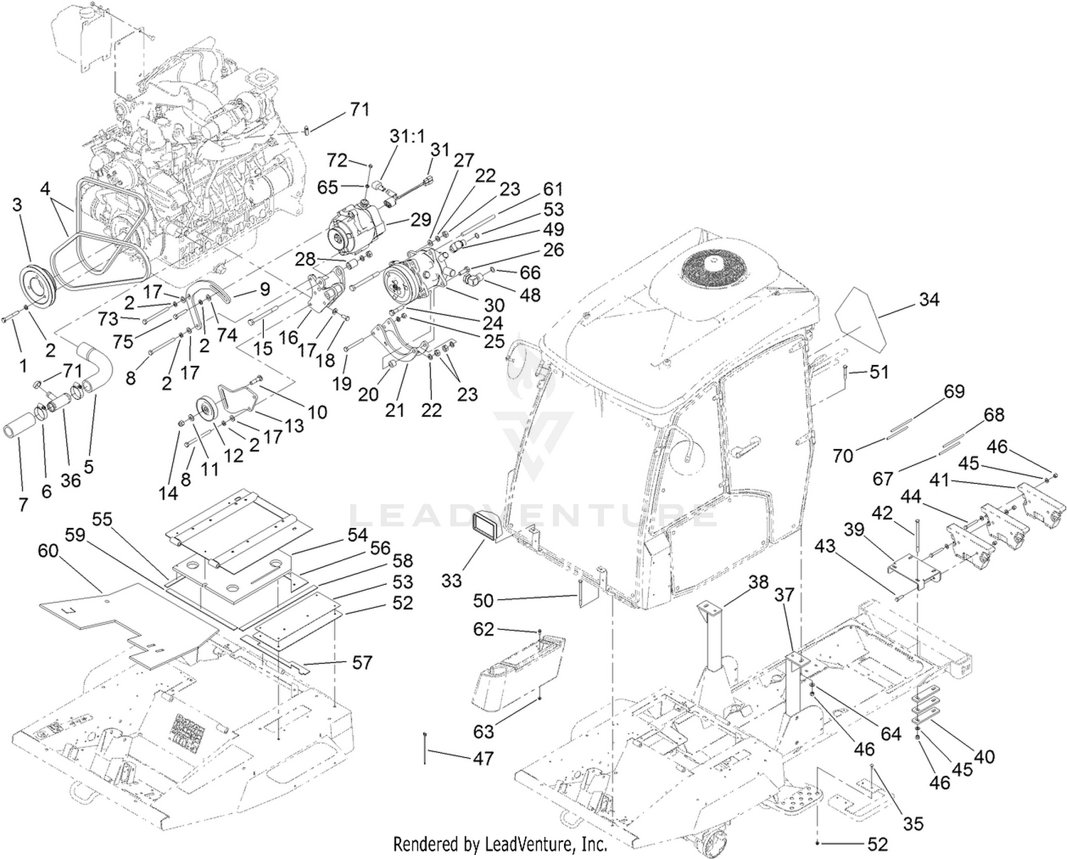 Cab Installation, Alternator and  Compressor Assembly