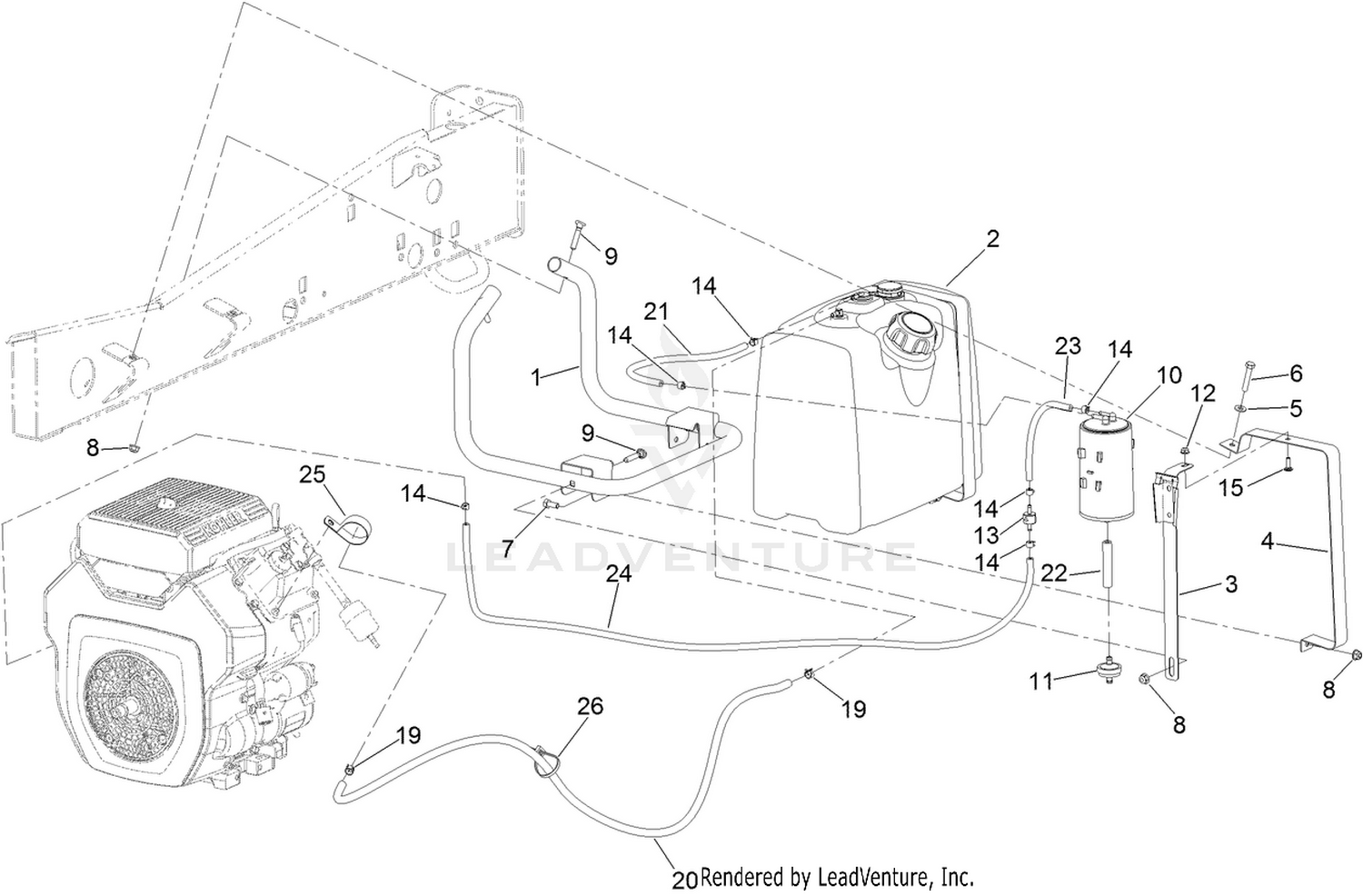 Fuel Tank, Filter and Line Assembly