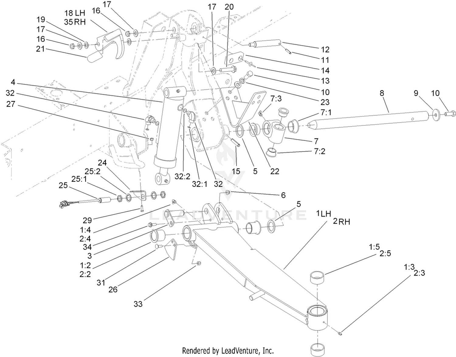Side Deck Lift Arm, Cylinder and Latch Assembly