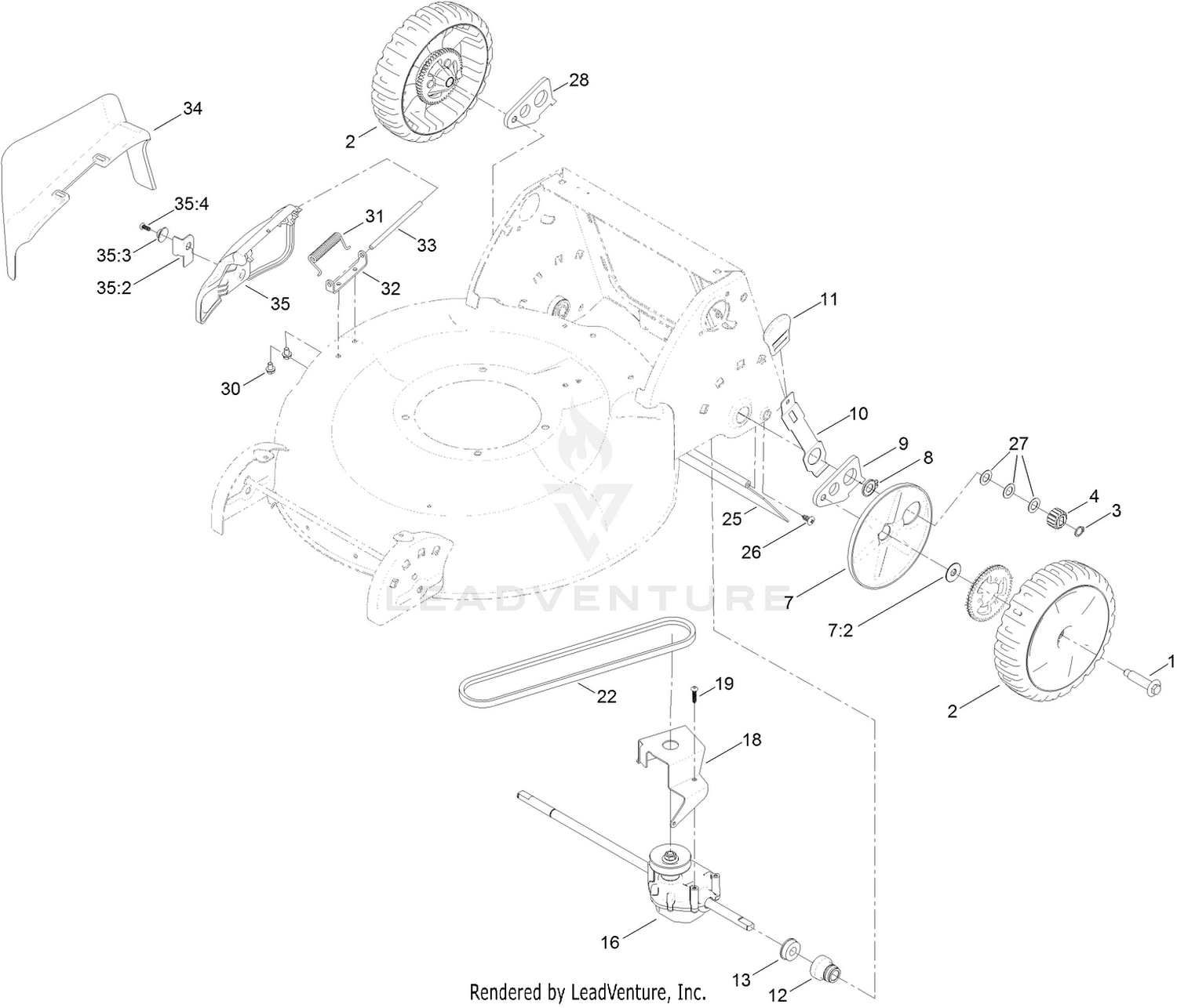 Transmission, Rear Wheel  and Side Discharge Assembly