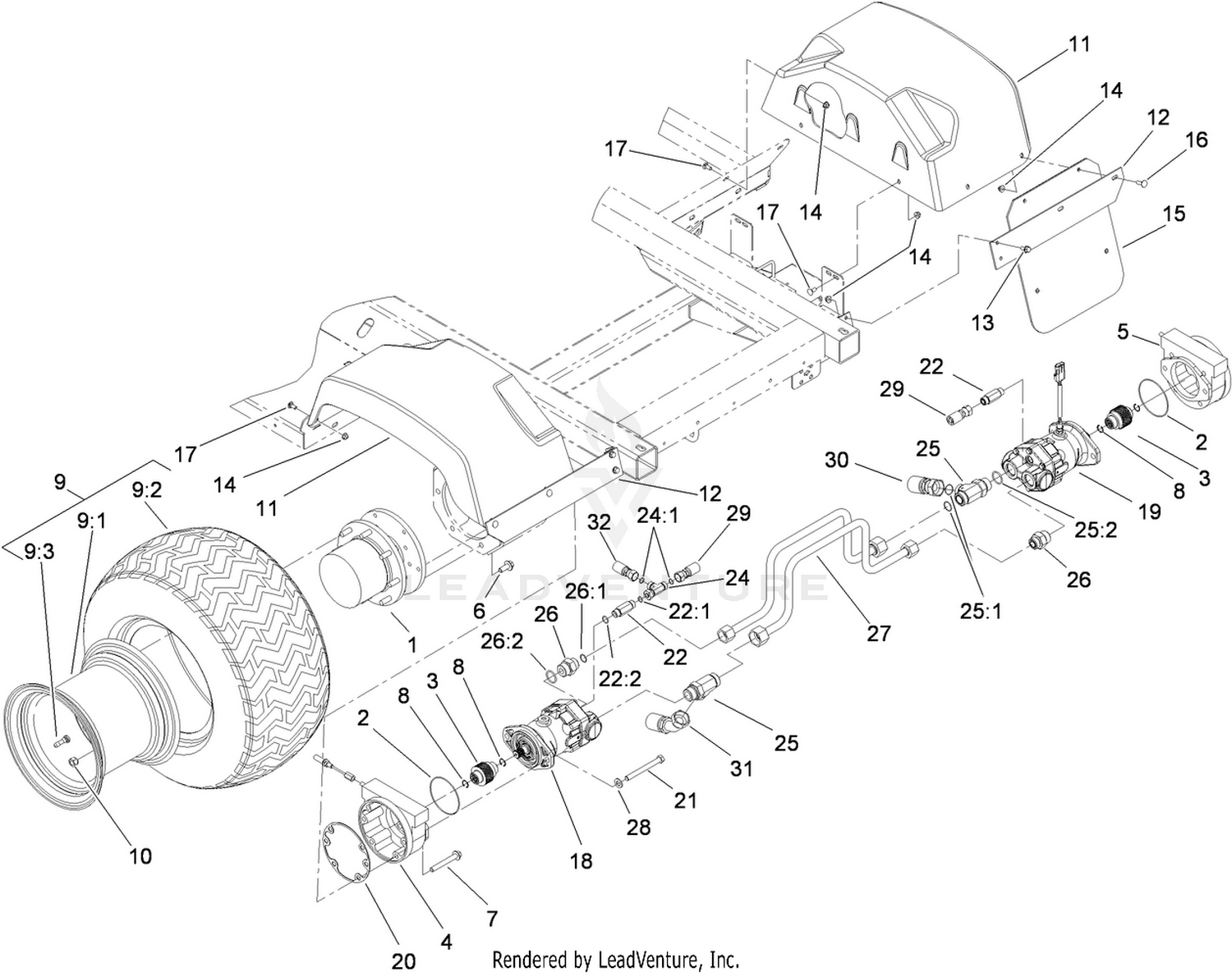 Rear Wheel, Fender and Motor Assembly