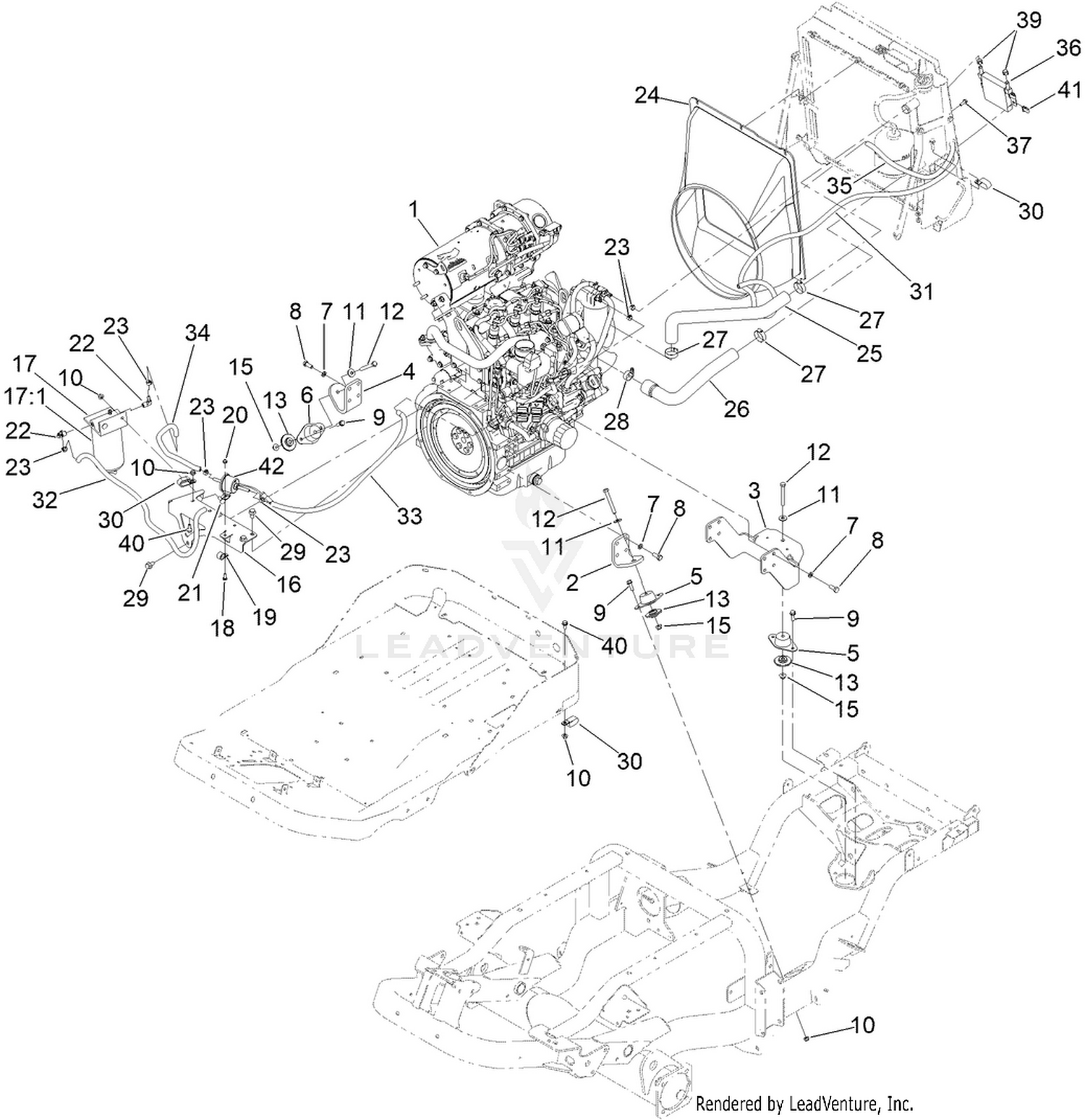 Engine, Radiator Hoses and Shroud  Assembly