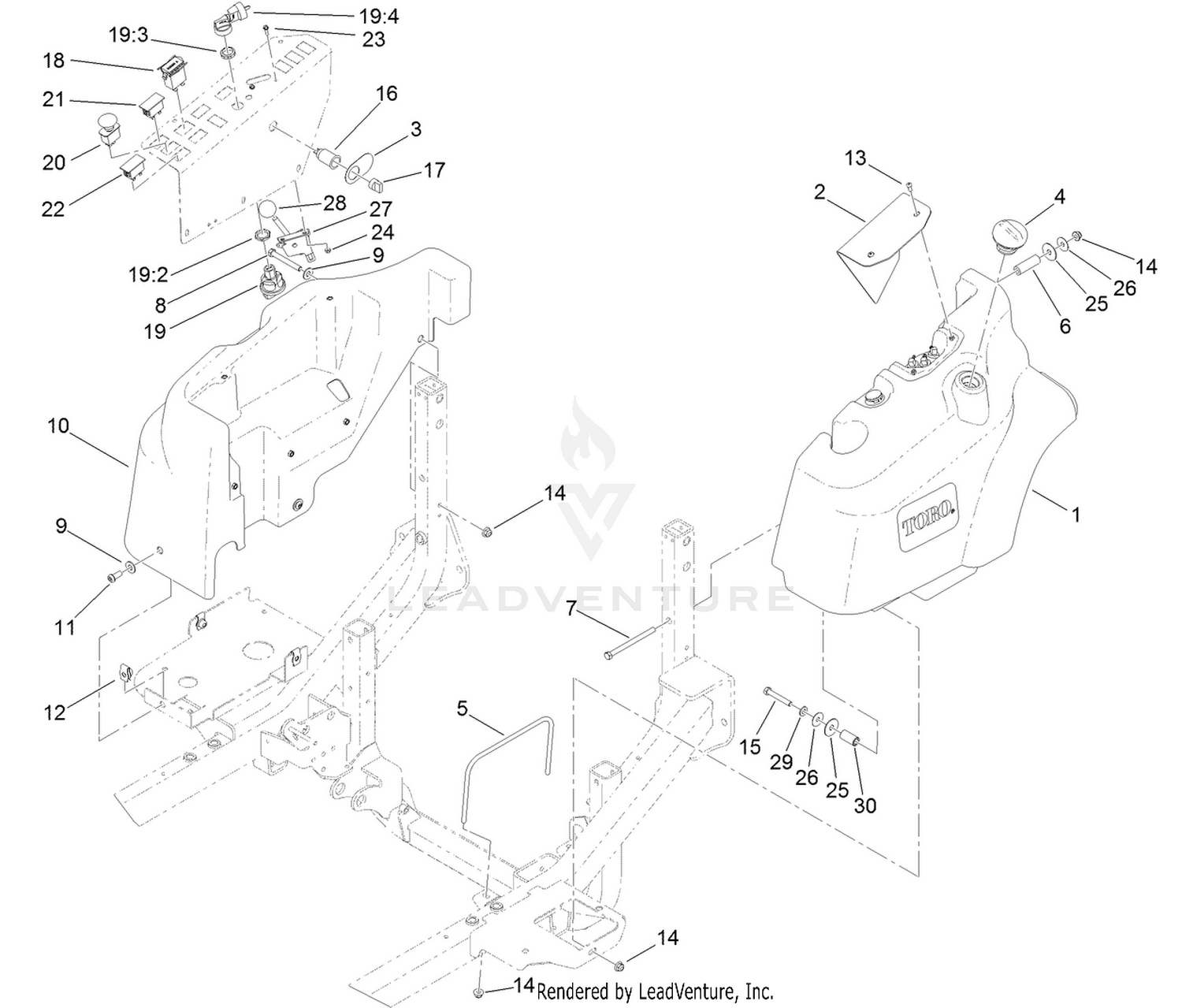 Fuel Tank and Control Panel Component Assembly