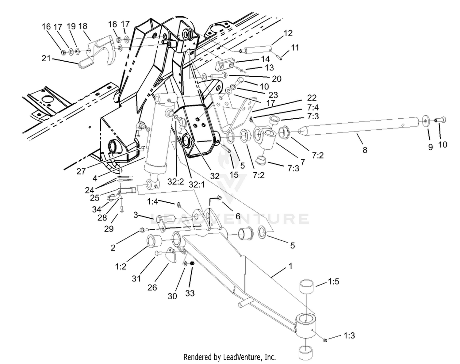 Side Deck Lift Arm, Cylinder and Latch Assembly