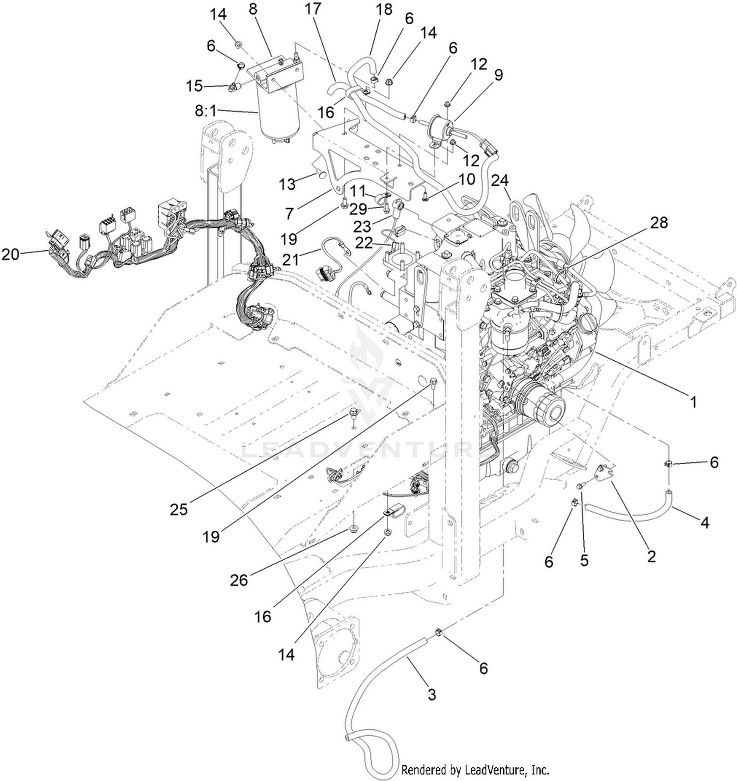 Engine, Main Wire Harness and Fuel Assembly