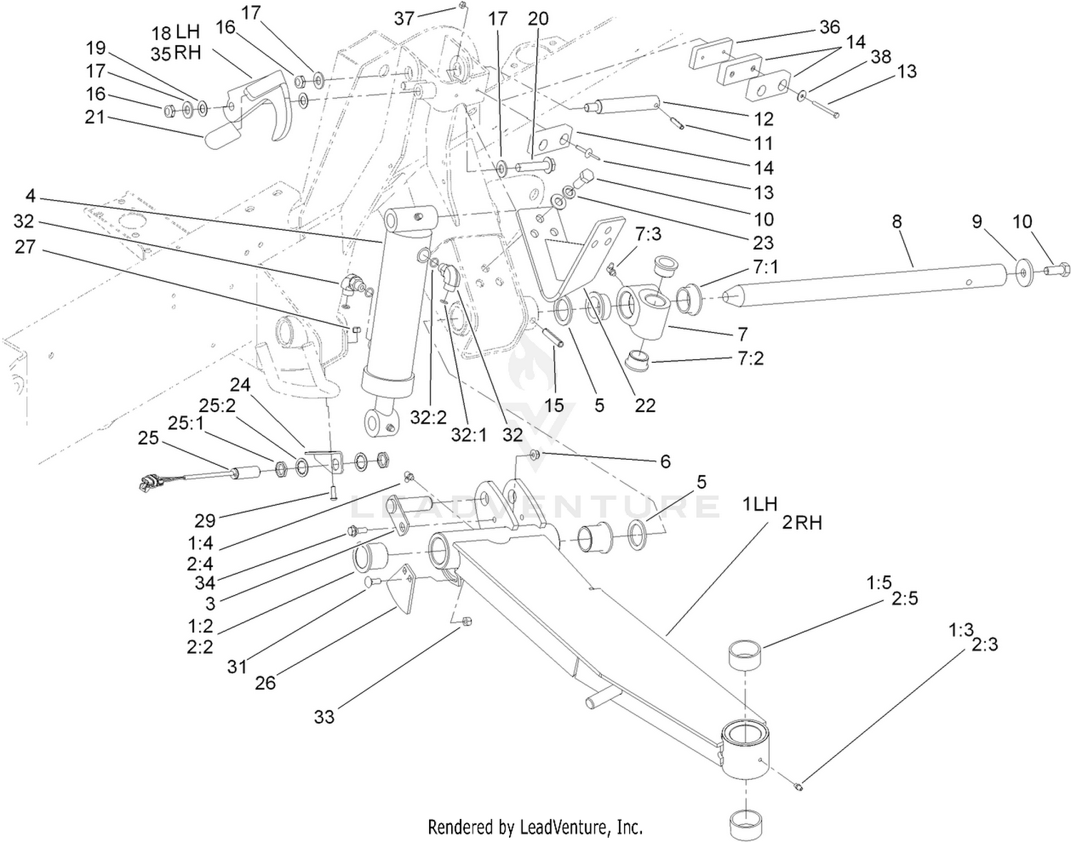 Side Deck Lift Arm, Cylinder and Latch Assembly