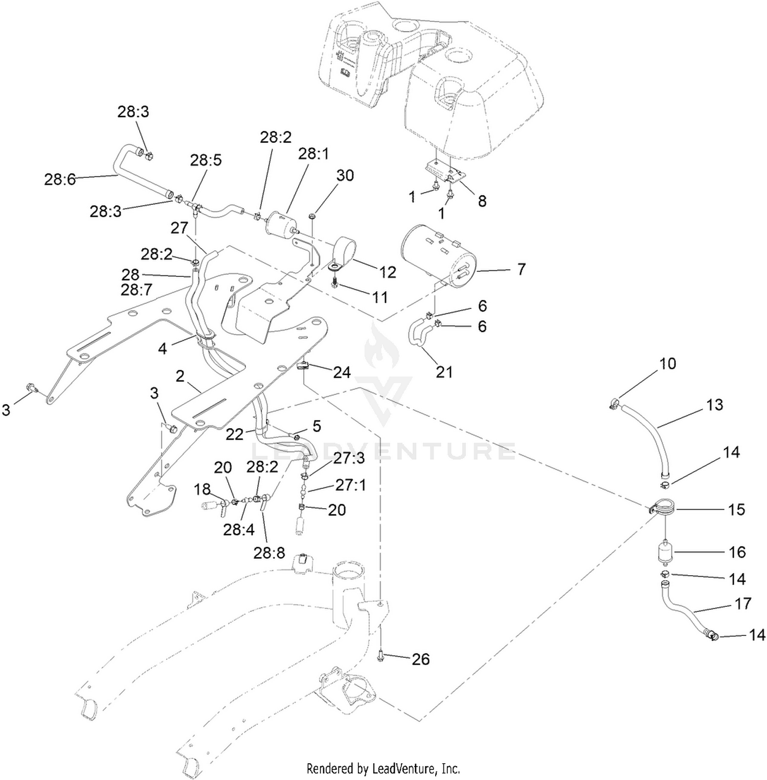 Fuel Line and Carbon Canister Hose Routing Assembly