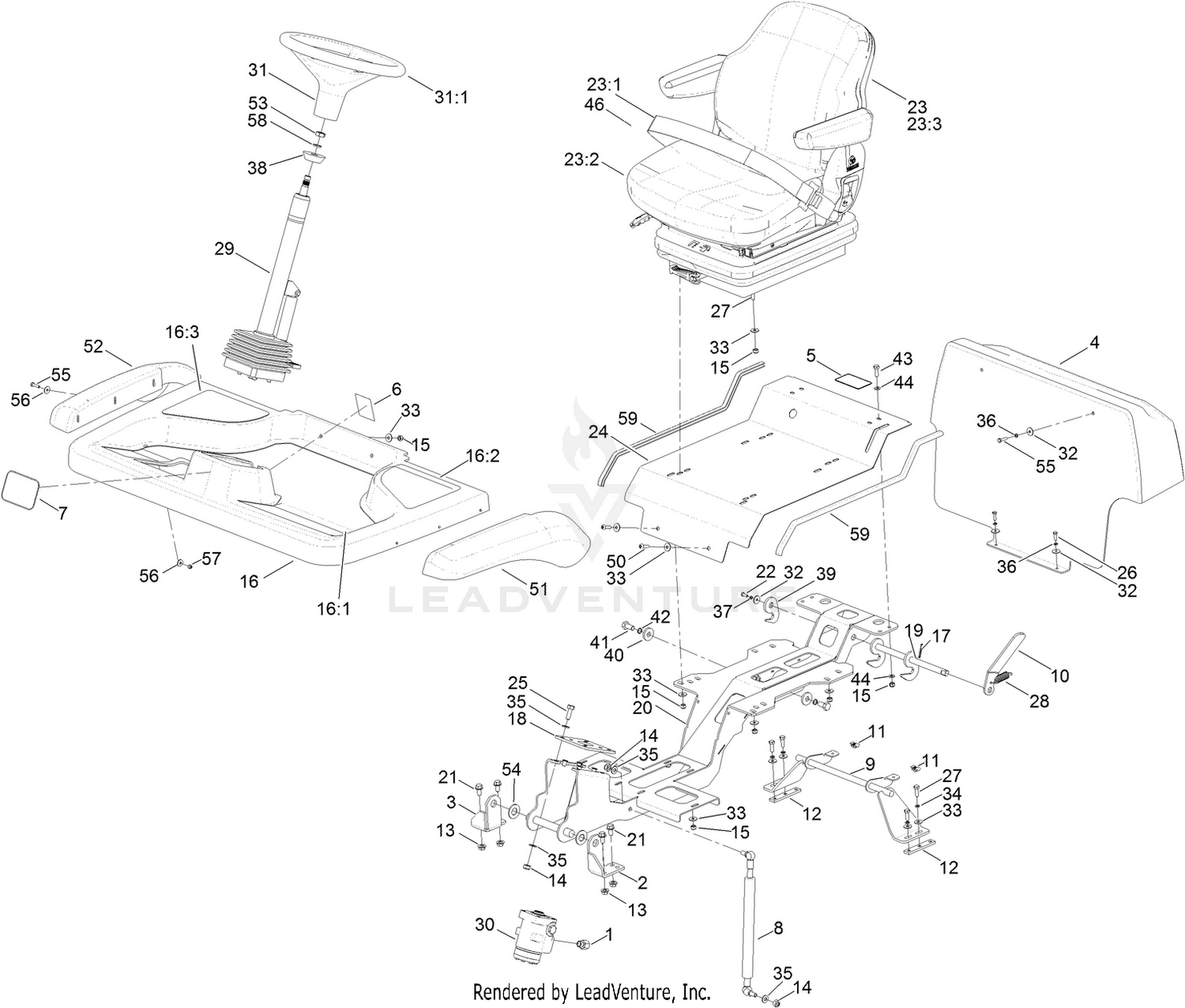 Steering Column, Seat and Platform Assembly