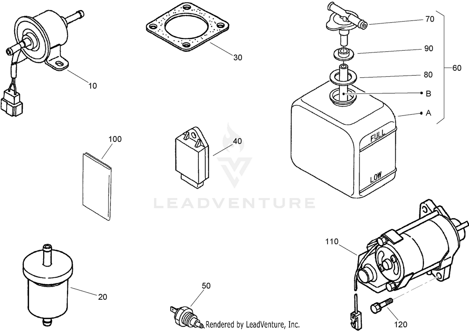 Electric Fuel Pump, Fuel Filter, Starter  and Overflow Bottle Assemblies