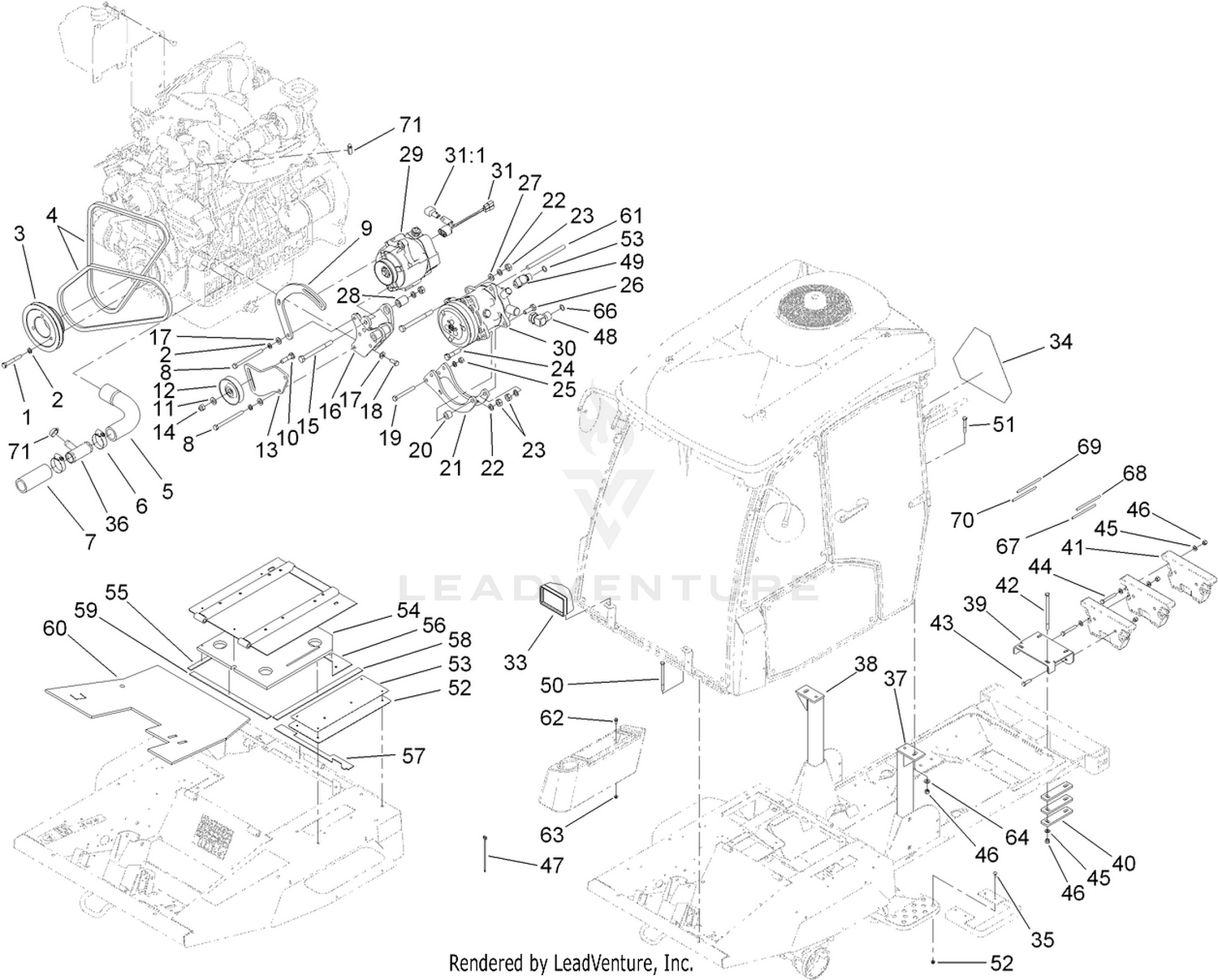 Cab Installation, Alternator and  Compressor Assembly