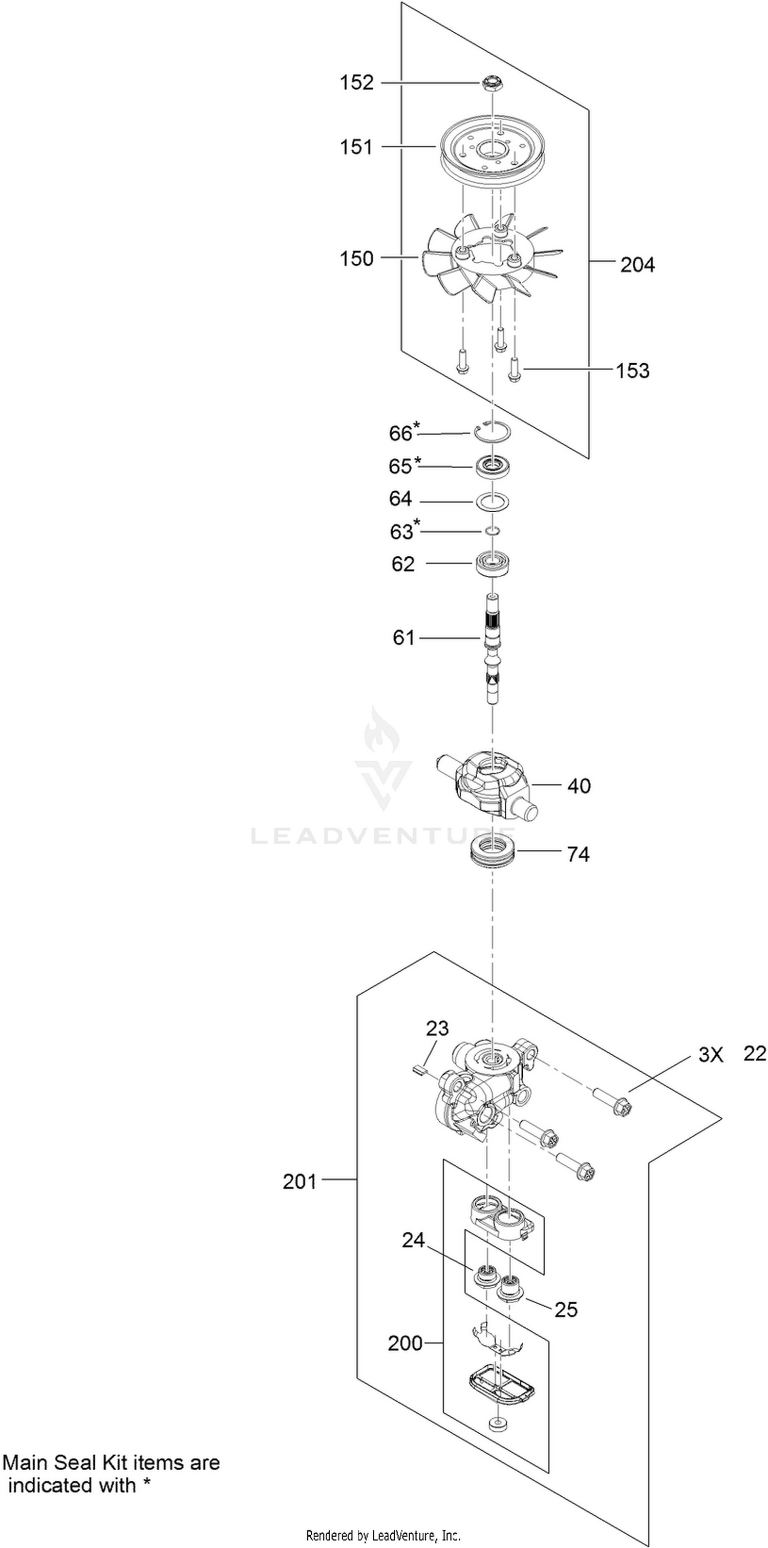Center Section and Fan Pulley Assembly  Transmission Assembly No. 121-0999