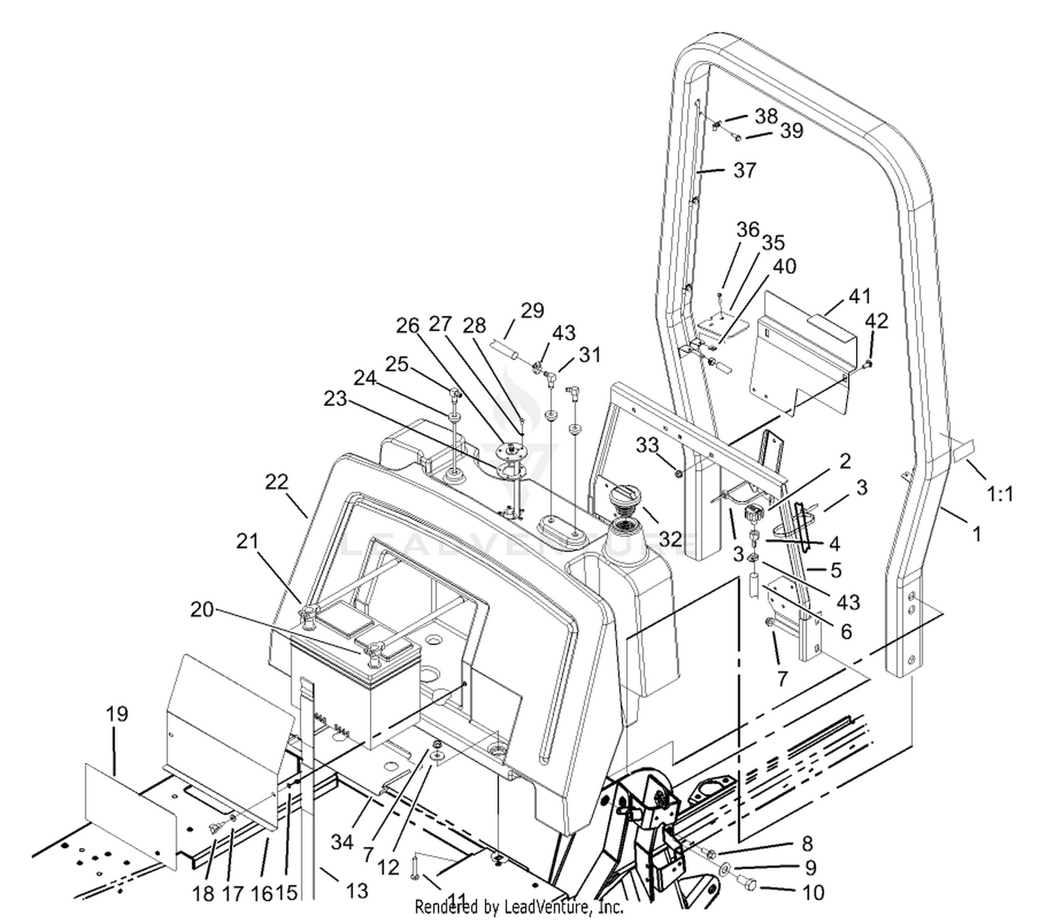 Fuel Tank, Battery and  Roll-Over-Protection-System Assembly