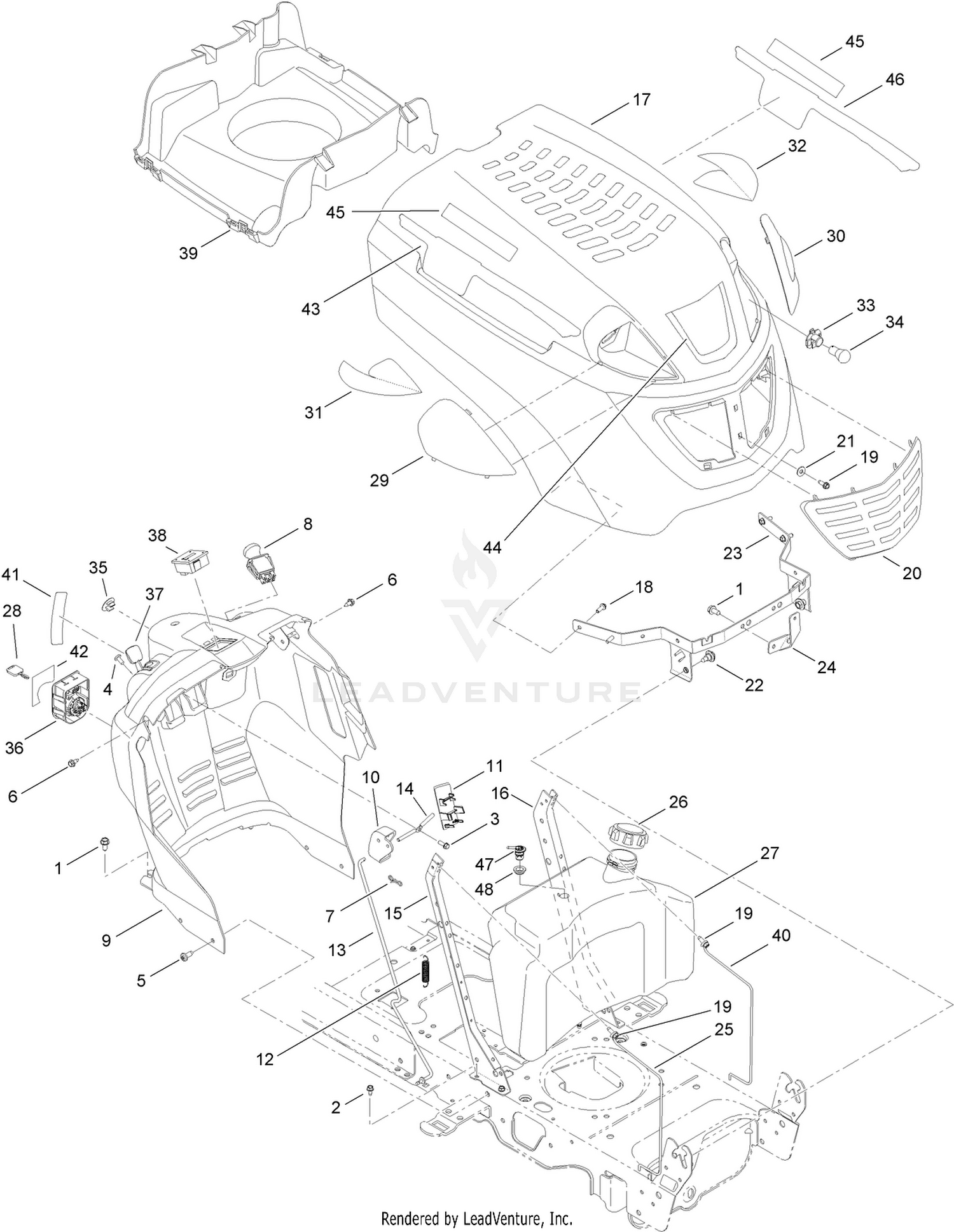 Fuel Tank, Hood and Dash Assembly