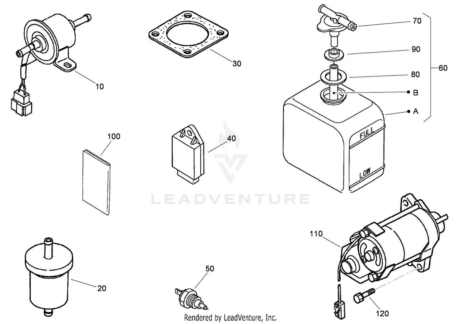 Electric Fuel Pump, Fuel Filter, Starter and Overflow Bottle Assemblies