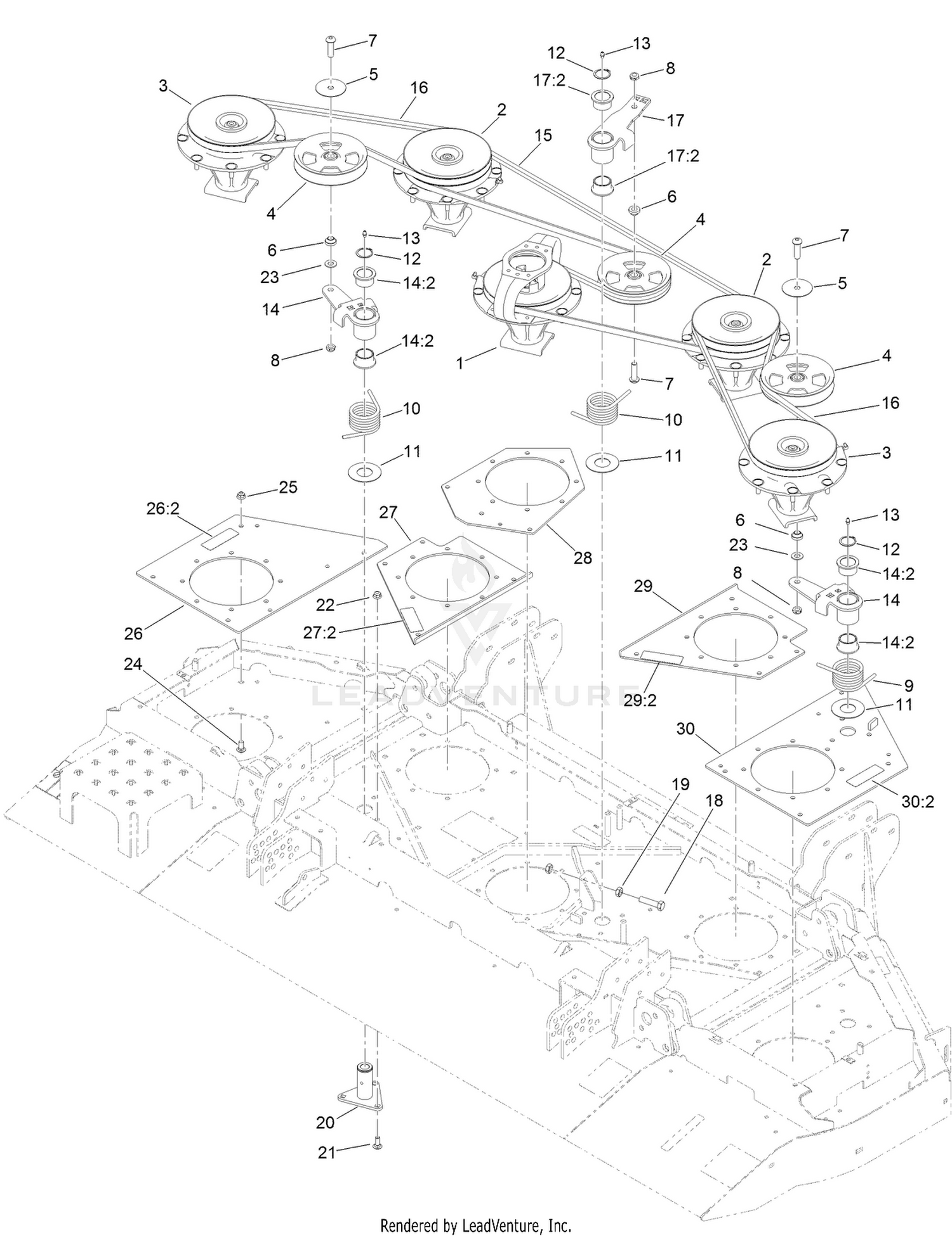 Center Deck Belt, Pulley and Spindle Assembly