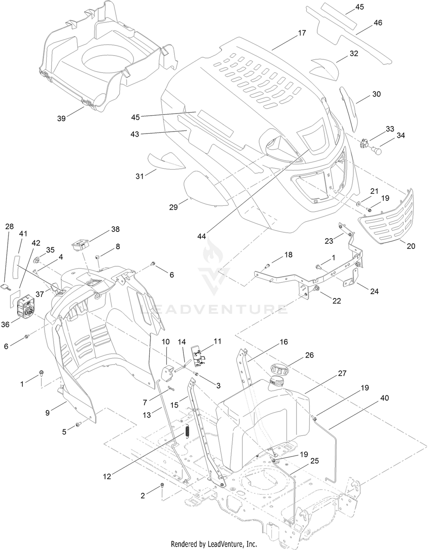 Fuel Tank, Hood and Dash Assembly