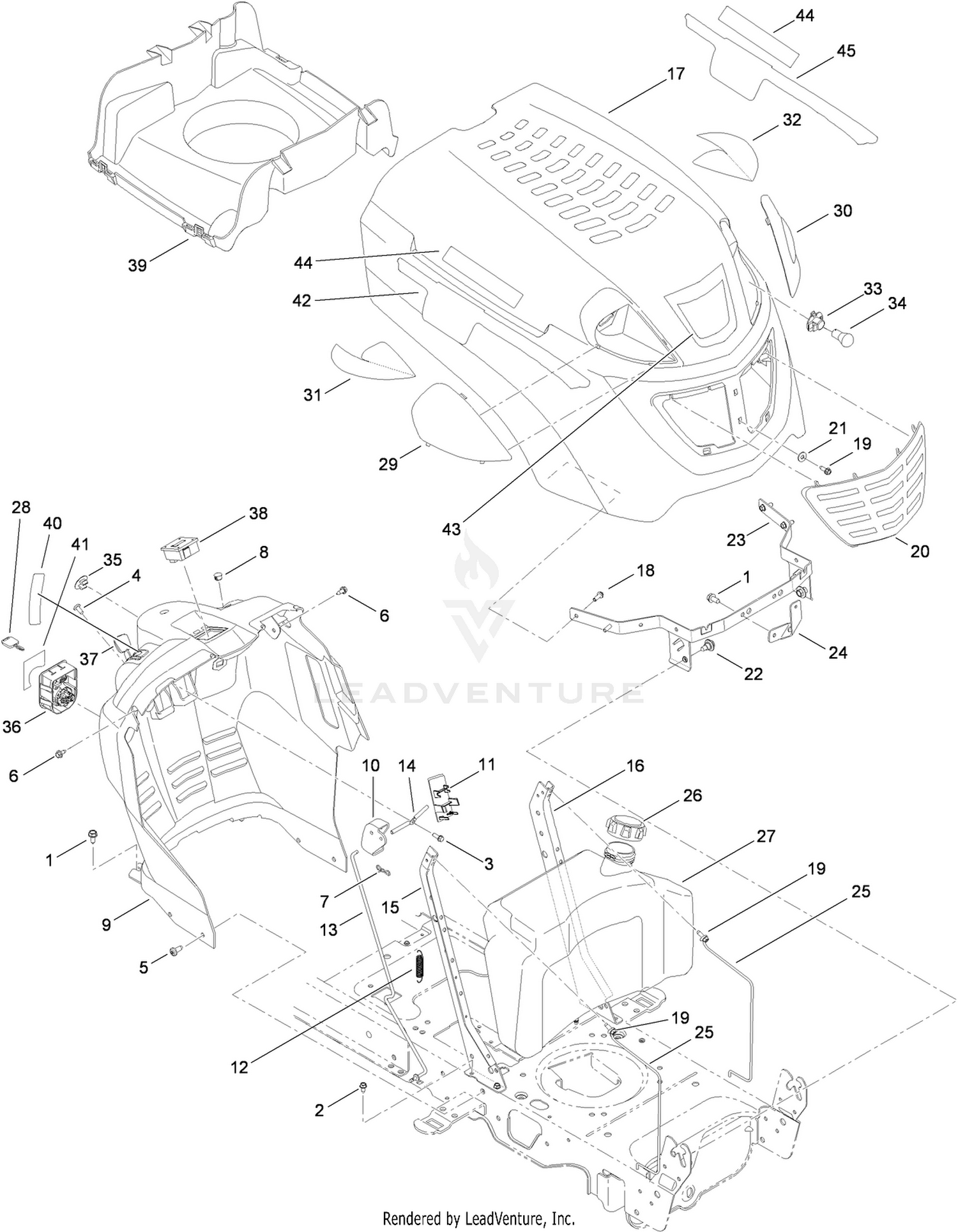 Fuel Tank, Hood and Dash Assembly
