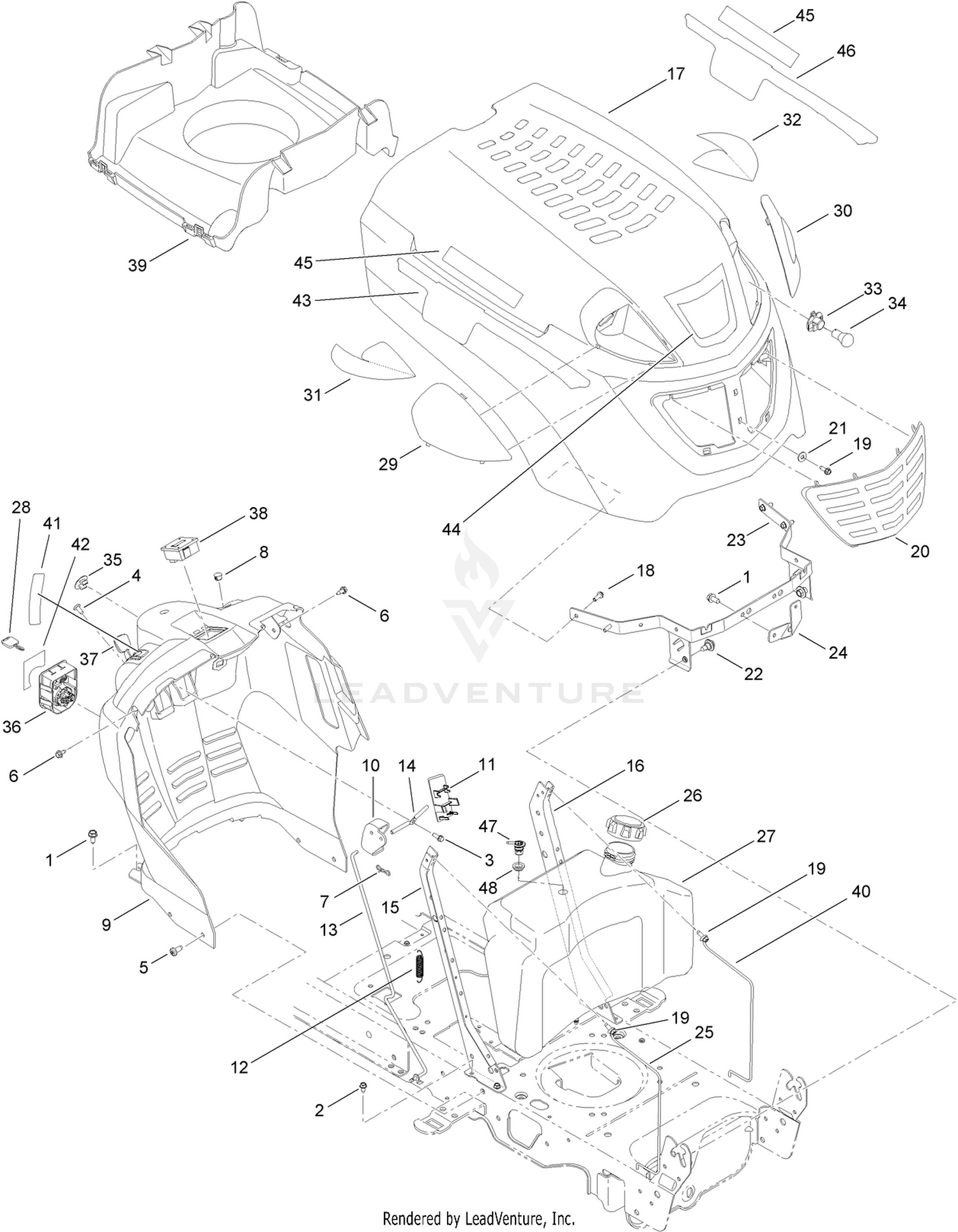 Fuel Tank, Hood and Dash Assembly