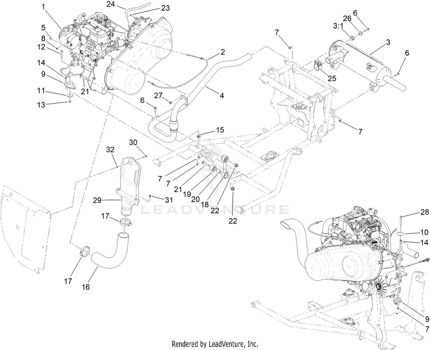 Engine Drivetrain and Exhaust Assembly
