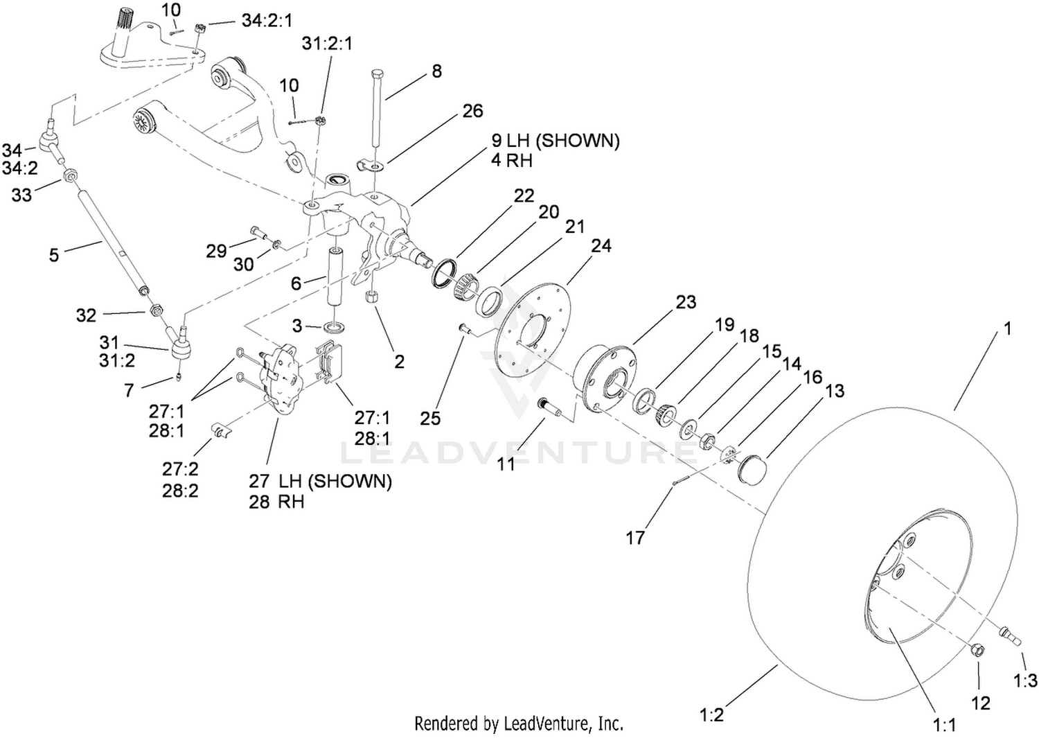 Front Tire, Spindle and Tie Rod Assembly