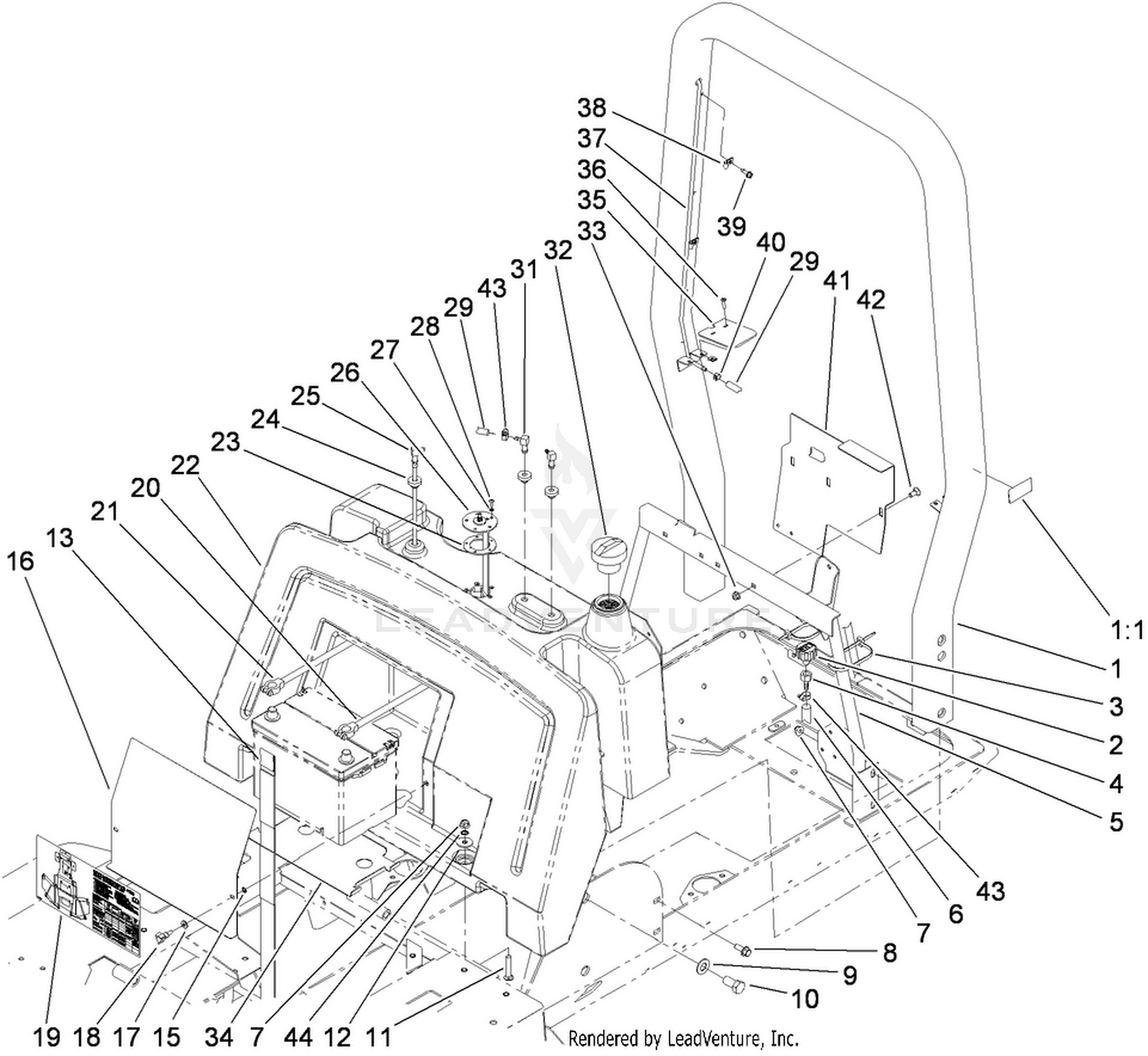 Fuel Tank, Battery and  Roll-Over Protection System Assembly