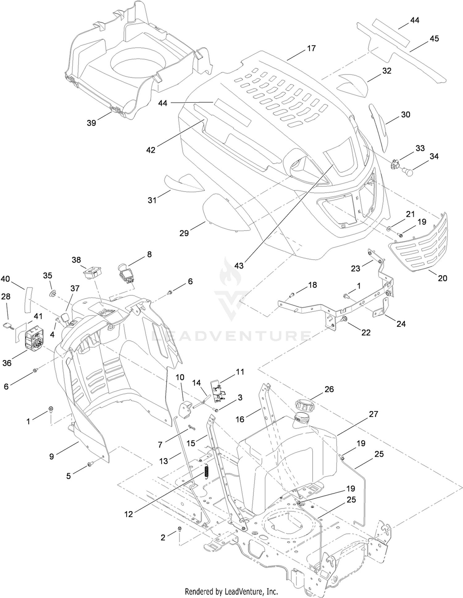 Fuel Tank, Hood and Dash Assembly