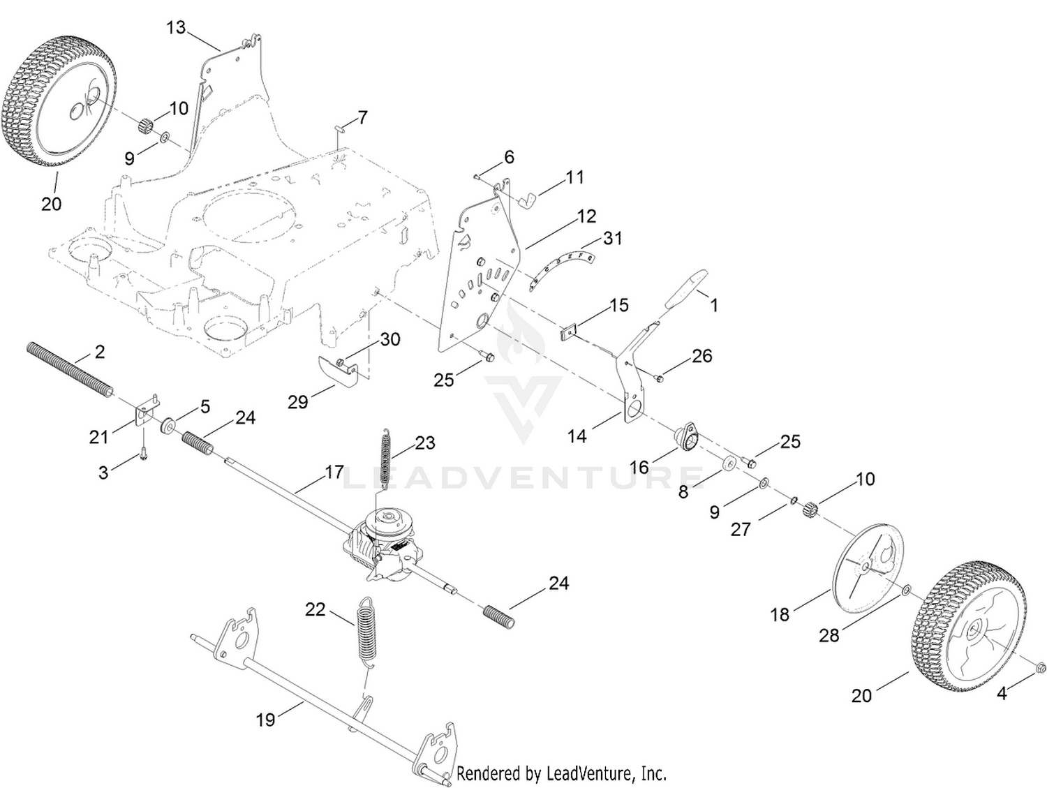 Transmission, Rear Wheel  and Height-of-Cut Assembly