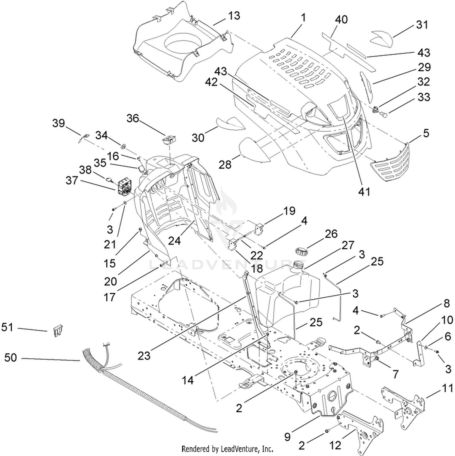 Fuel Tank, Hood and Dash Assembly