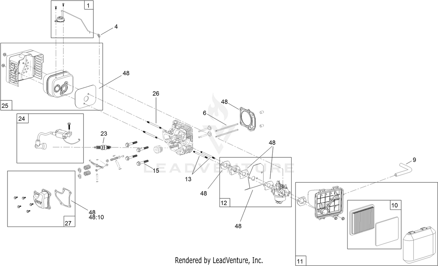 Carburetor, Muffler, Air Cleaner  and Valve Cover Assembly