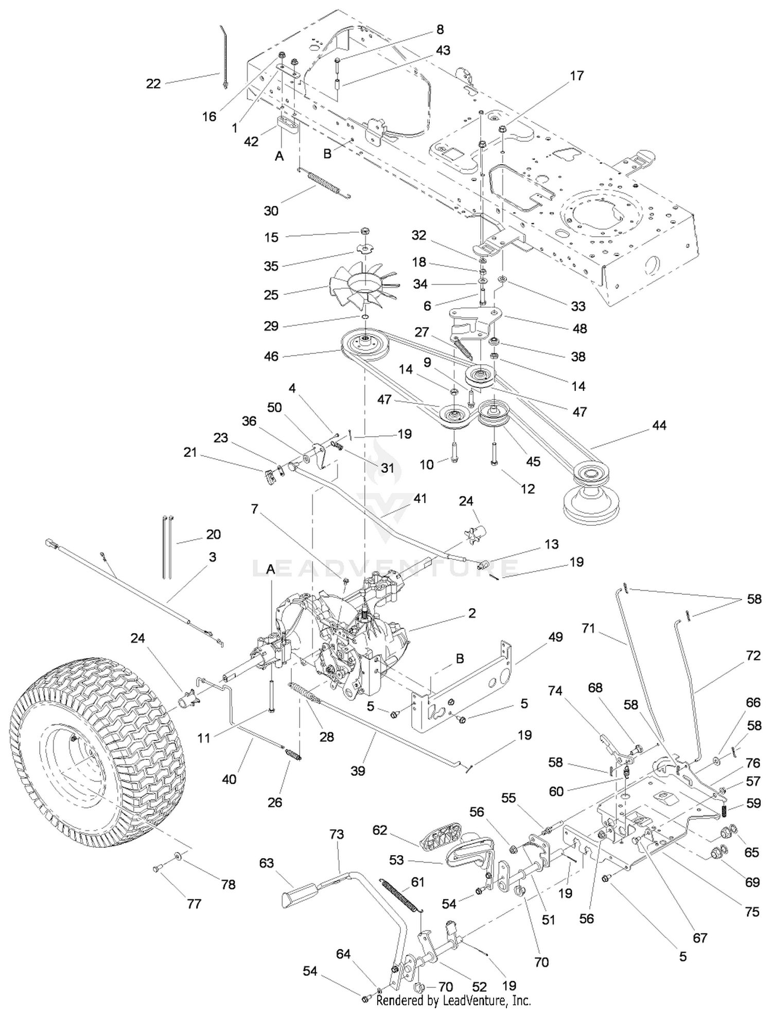 Transmission, Belt, Traction and Brake Pedal Assembly