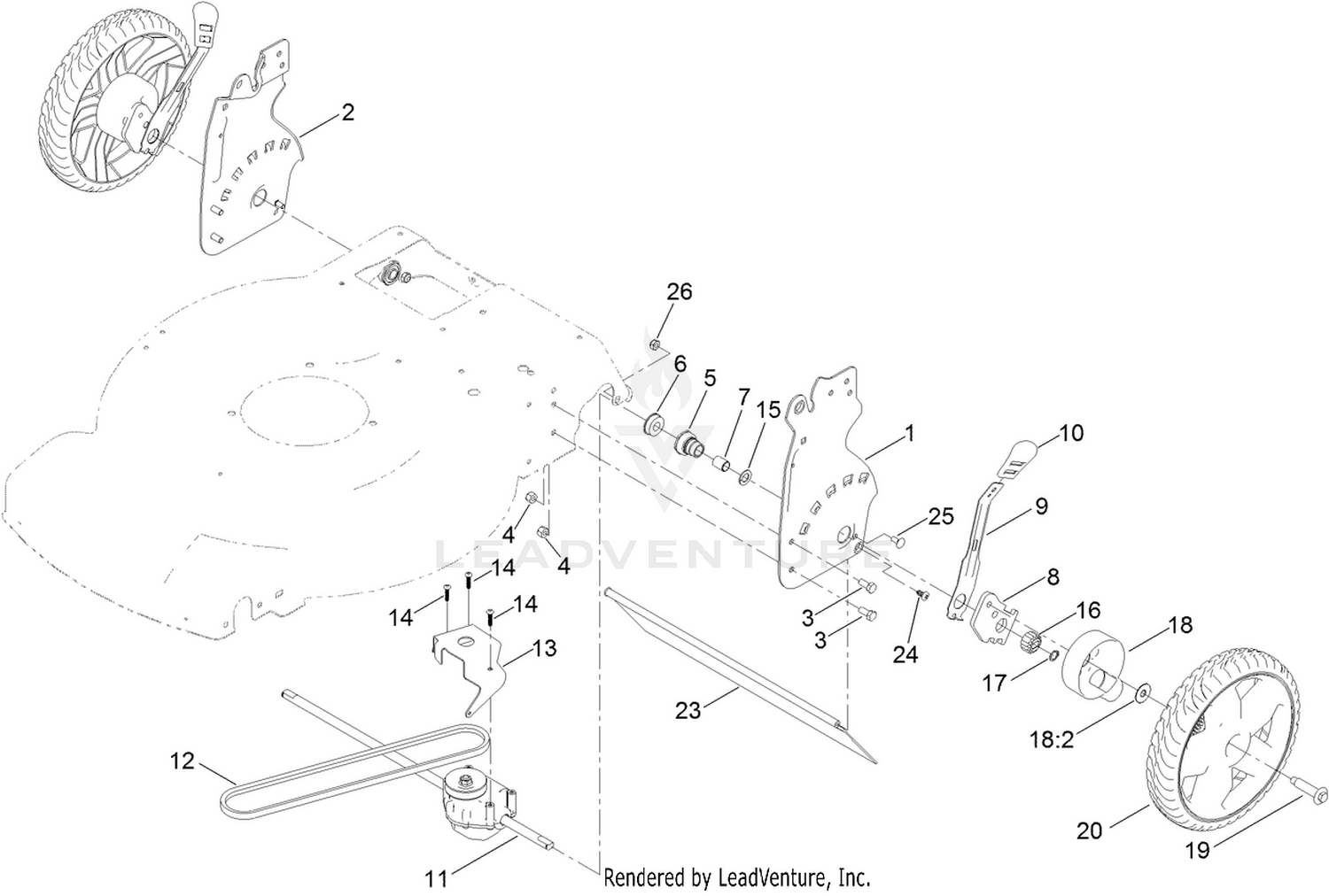 Rear Wheel, Transmission and  Height-of-Cut Assembly