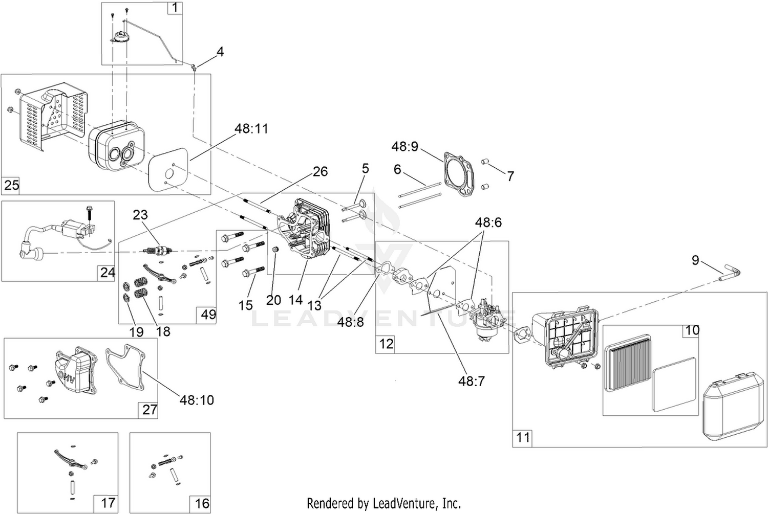 Carburetor, Muffler, Air Cleaner  and Valve Cover Assembly