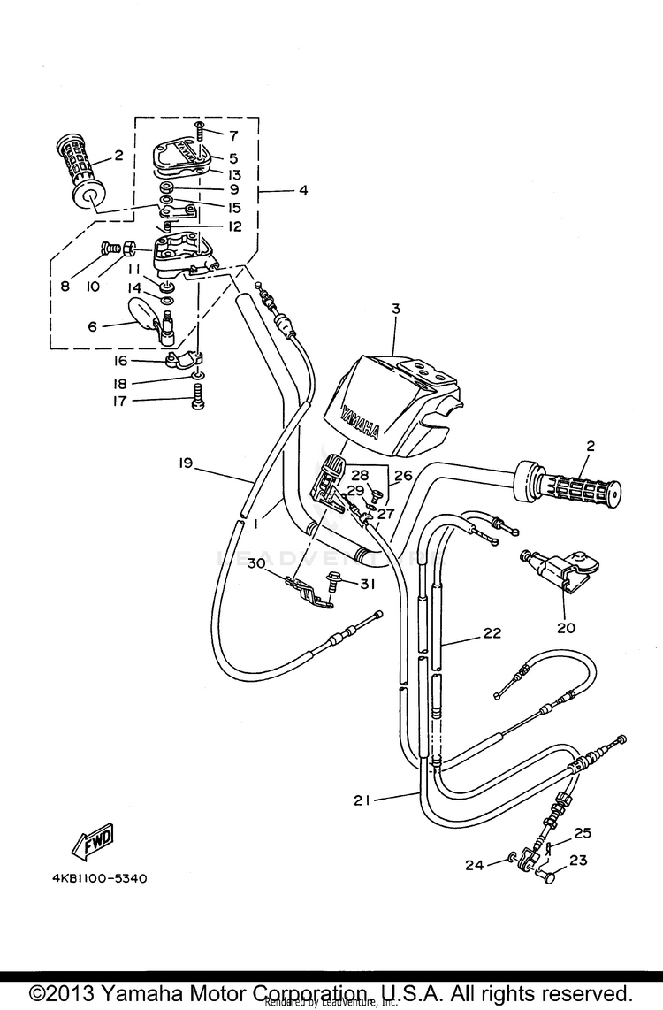Steering Handle Cable WOLVERINE 4WD - YFM350FXH_ - 1996 Schematic