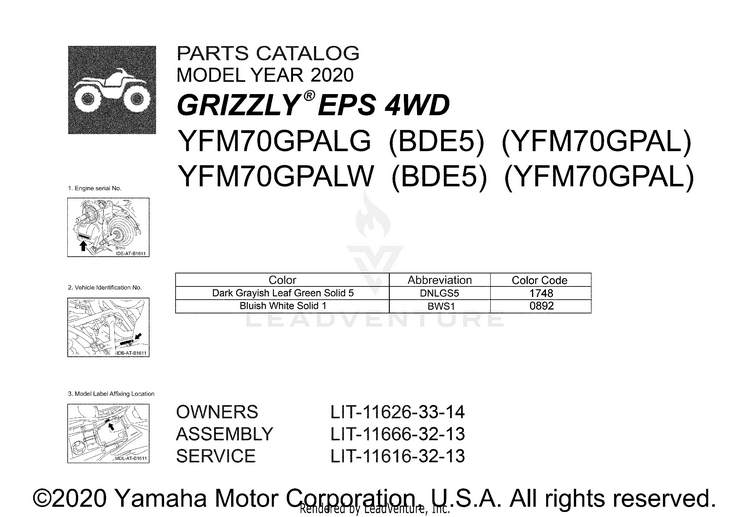 1 Title Page GRIZZLY EPS - YFM70GPALG - 2020 Schematic