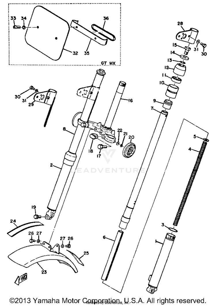 Front Fork - Front Fender GT80A - 1974 Schematic