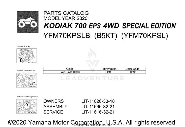 1 Title Page KODIAK 700 EPS 4WD S - YFM70KPSLB - 2020 Schematic