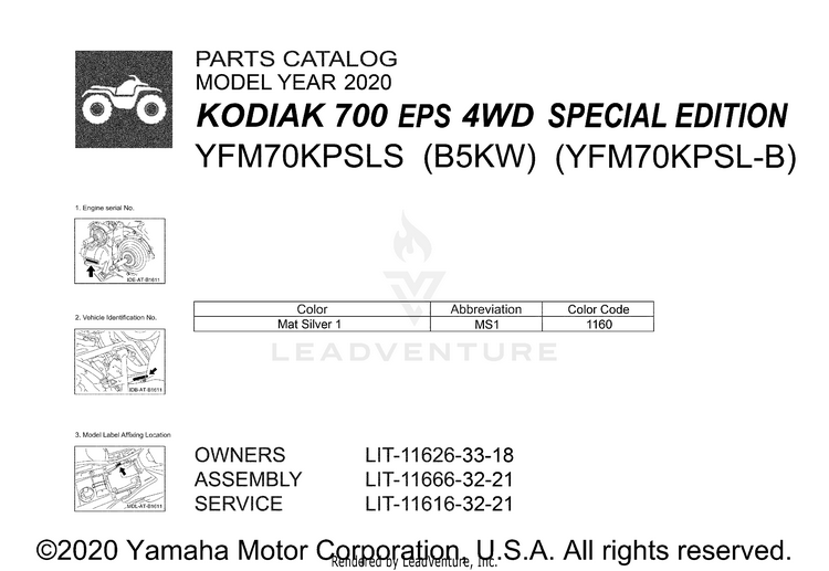 1 Title Page KODIAK 700 EPS 4WD S - YFM70KPSLS - 2020 Schematic